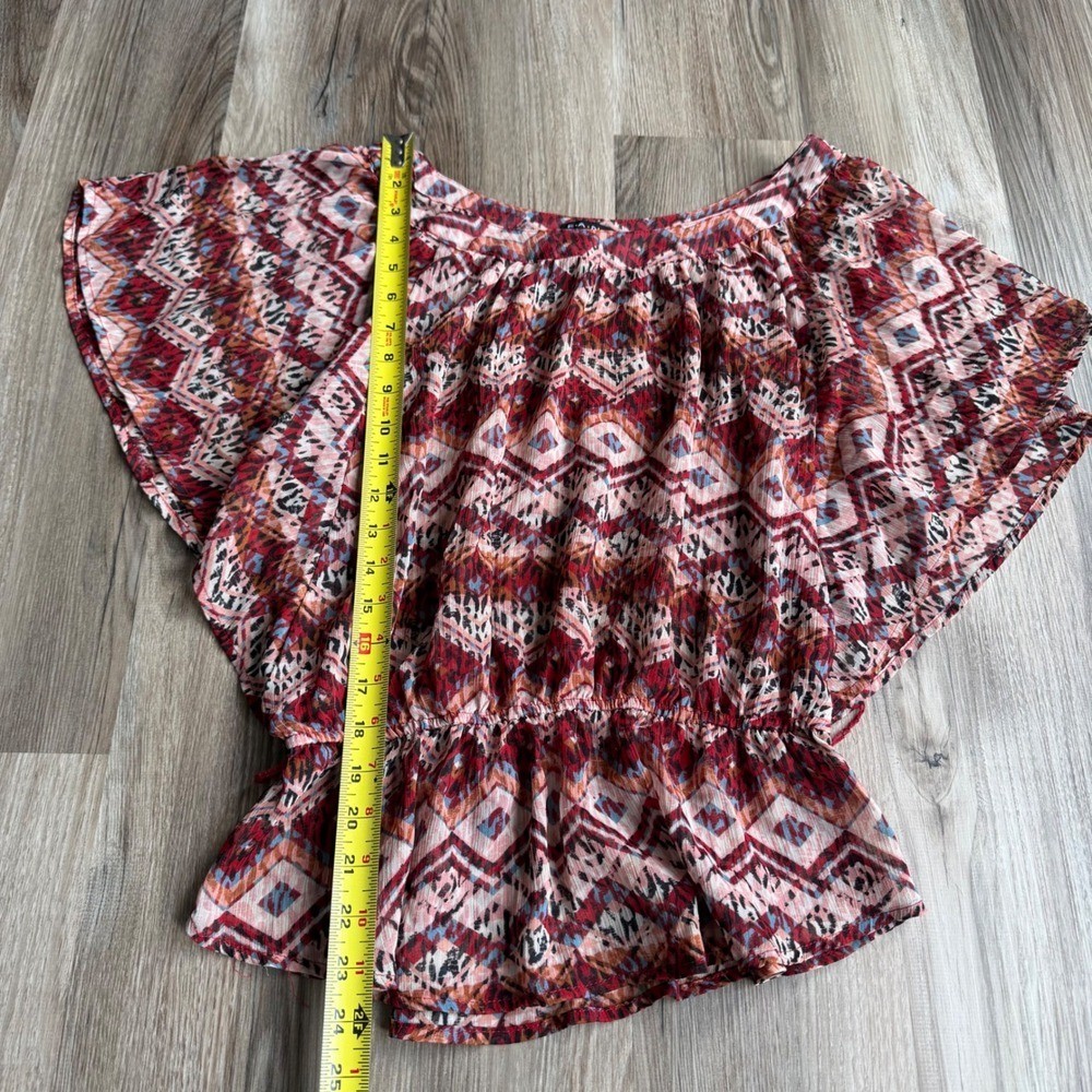Vintage Y2K FANG Red Geometric Tribal Print Flutter Sleeve Peplum Chiffon To L