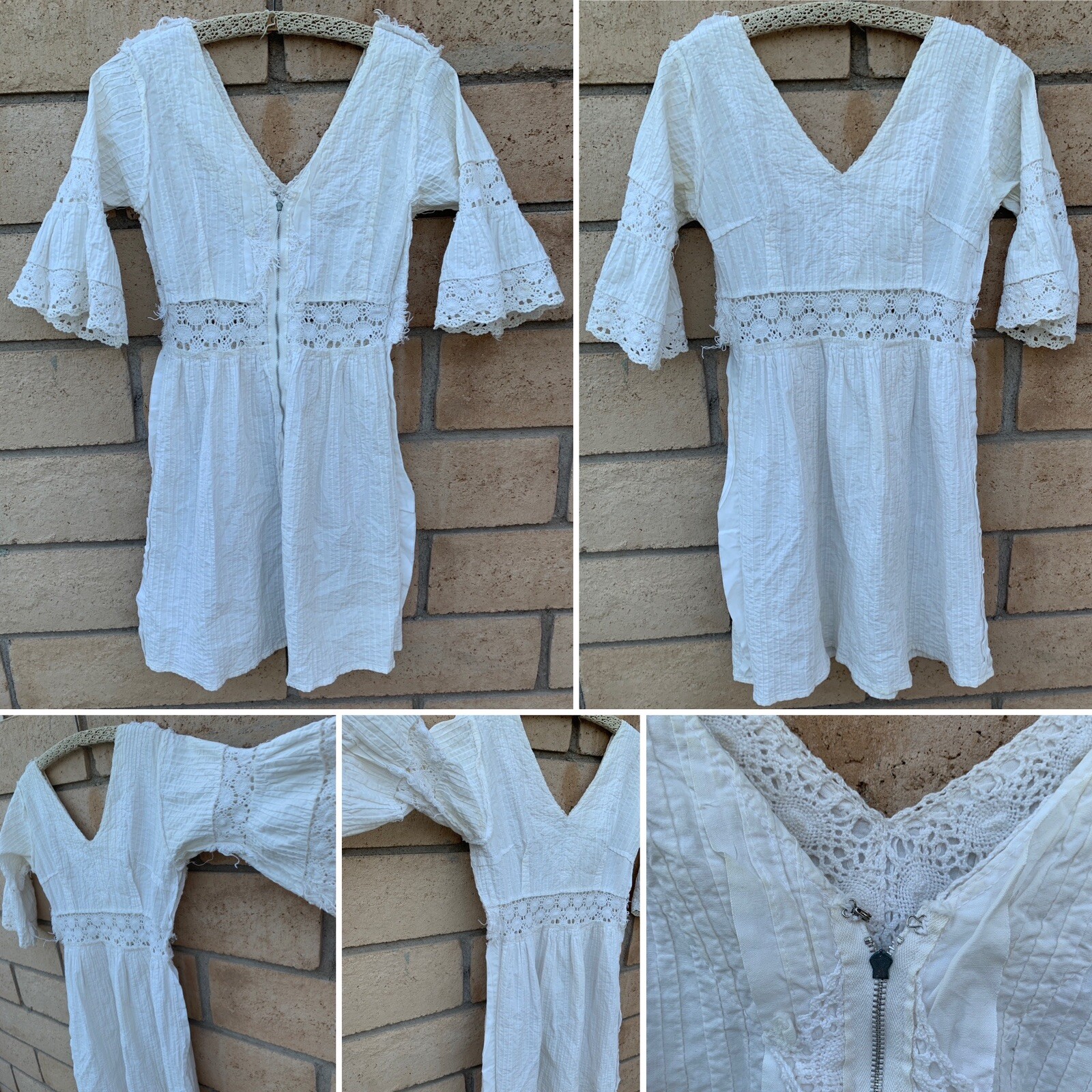 White Mexican Dress Metal Zipper Hippy Boho Peasant Hippie Chic vintage