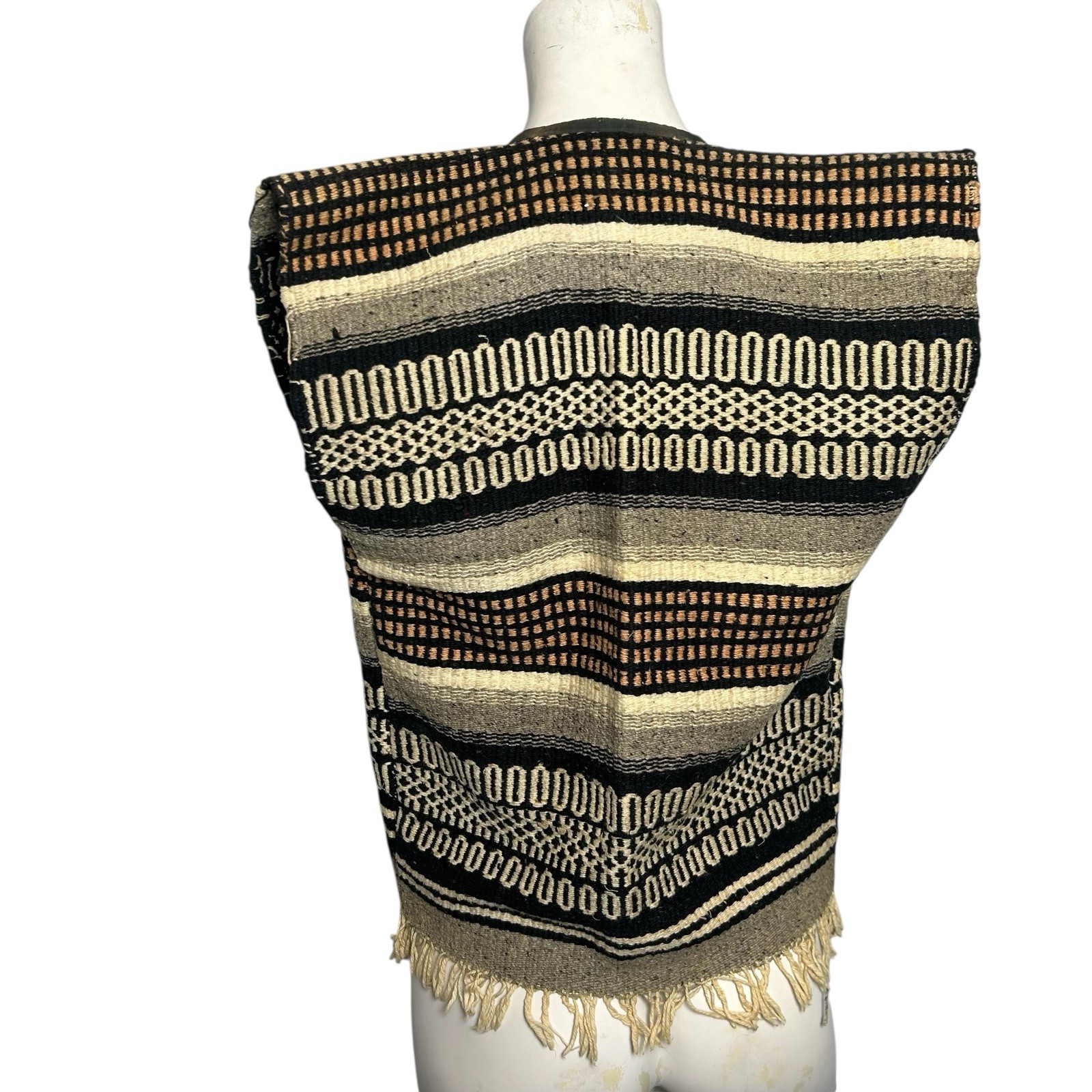 Vintage 70s Mexican Woven Vest EIRISA Mexico Boho Southwestern Fringe Wool Small