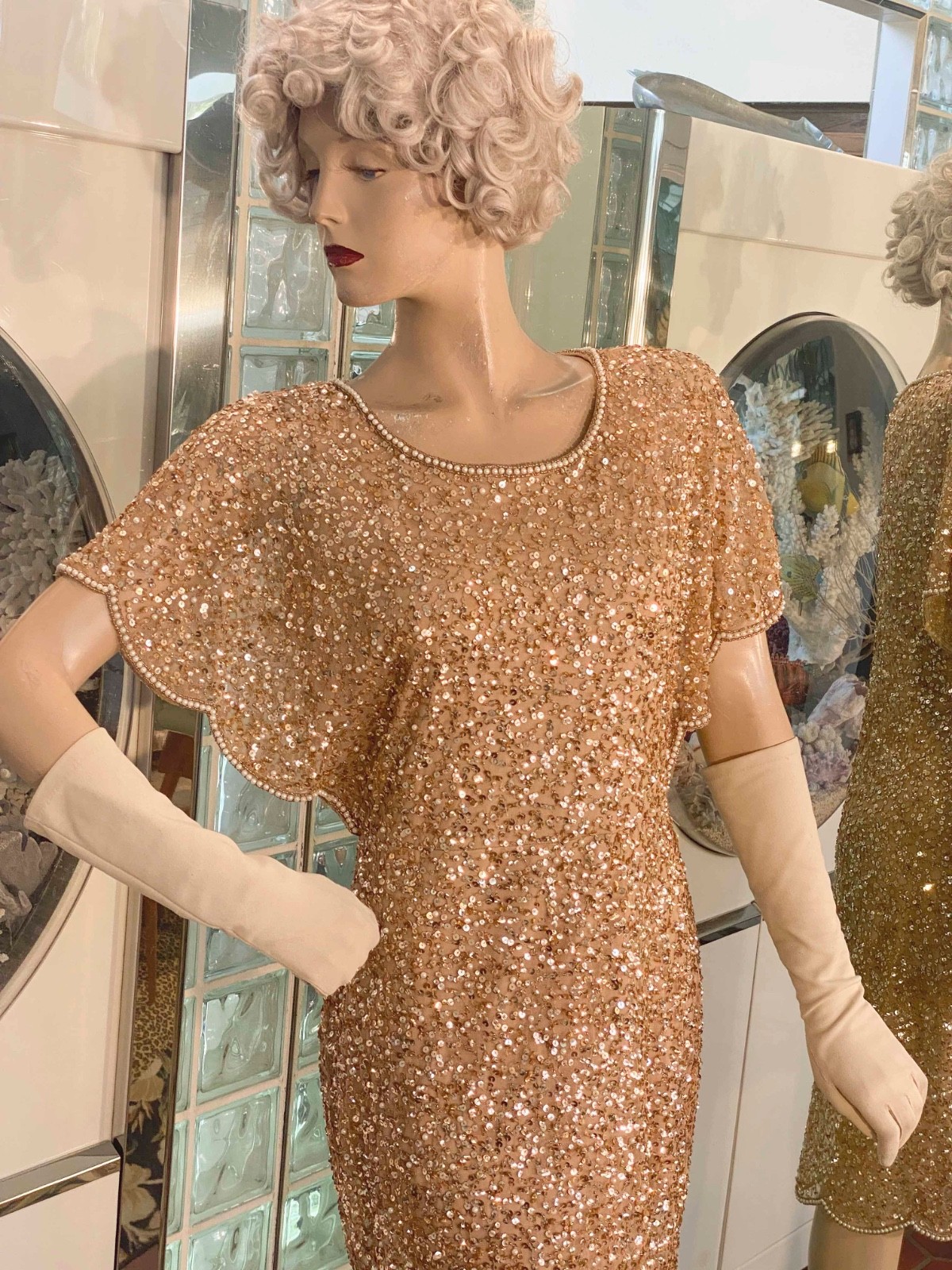 VTG Papell Evening Gold Sequin Beaded Dress Butterfly sleeves Fairy Knee 10