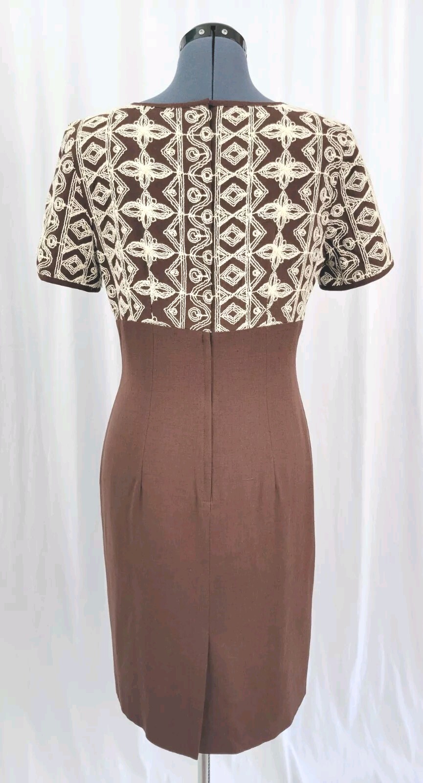 Vintage Yves Cosette Depeche Mode Brown Dress w Cream Embroidery Size 8