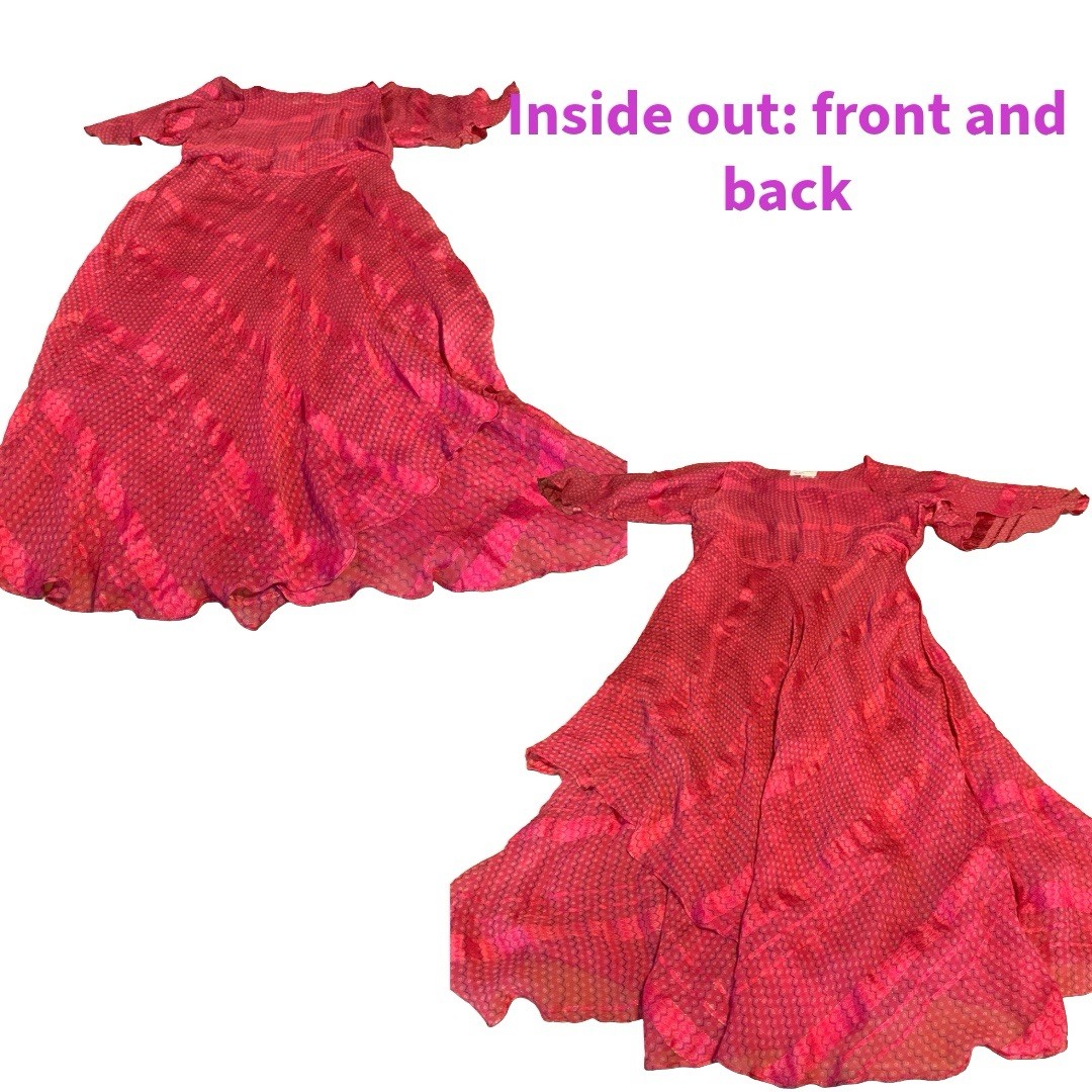 WOMEN’S VINTAGE 1970’S RED, PURPLE & GOLD SILK FARM SILK DRESS SZ S