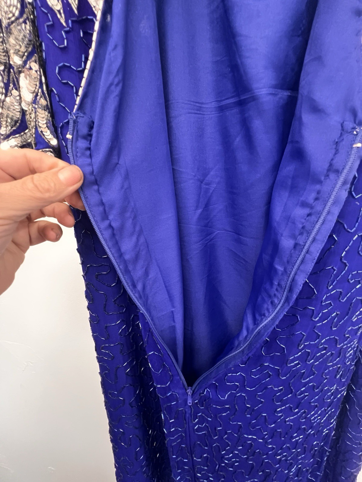 Vintage Formal Sequins Silk Beaded Dress Stenay 80’s Glamour Scallop Sleeves 14