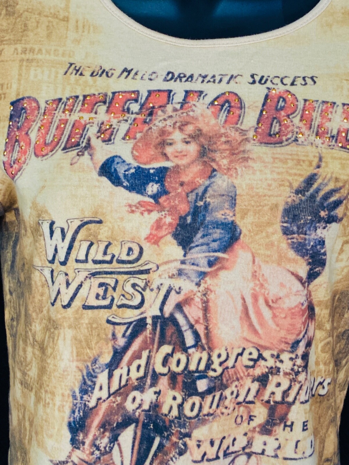 Vintage 1990s cowgirl Wild West shirt tan novelty print Victorian lady horse top