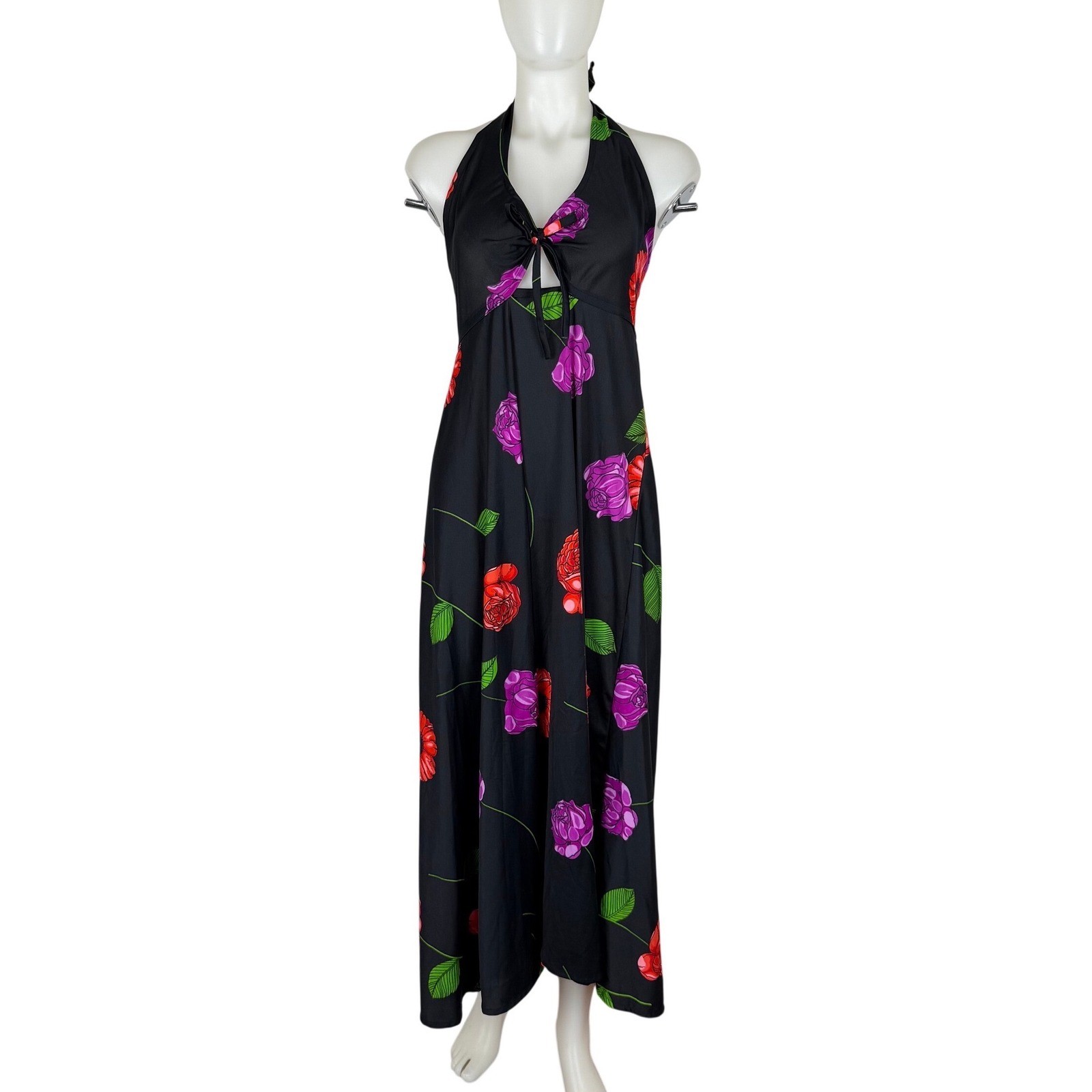VTG Floral Halter Maxi Dress Black Red Purple Rose Keyhole Tie Back Summer