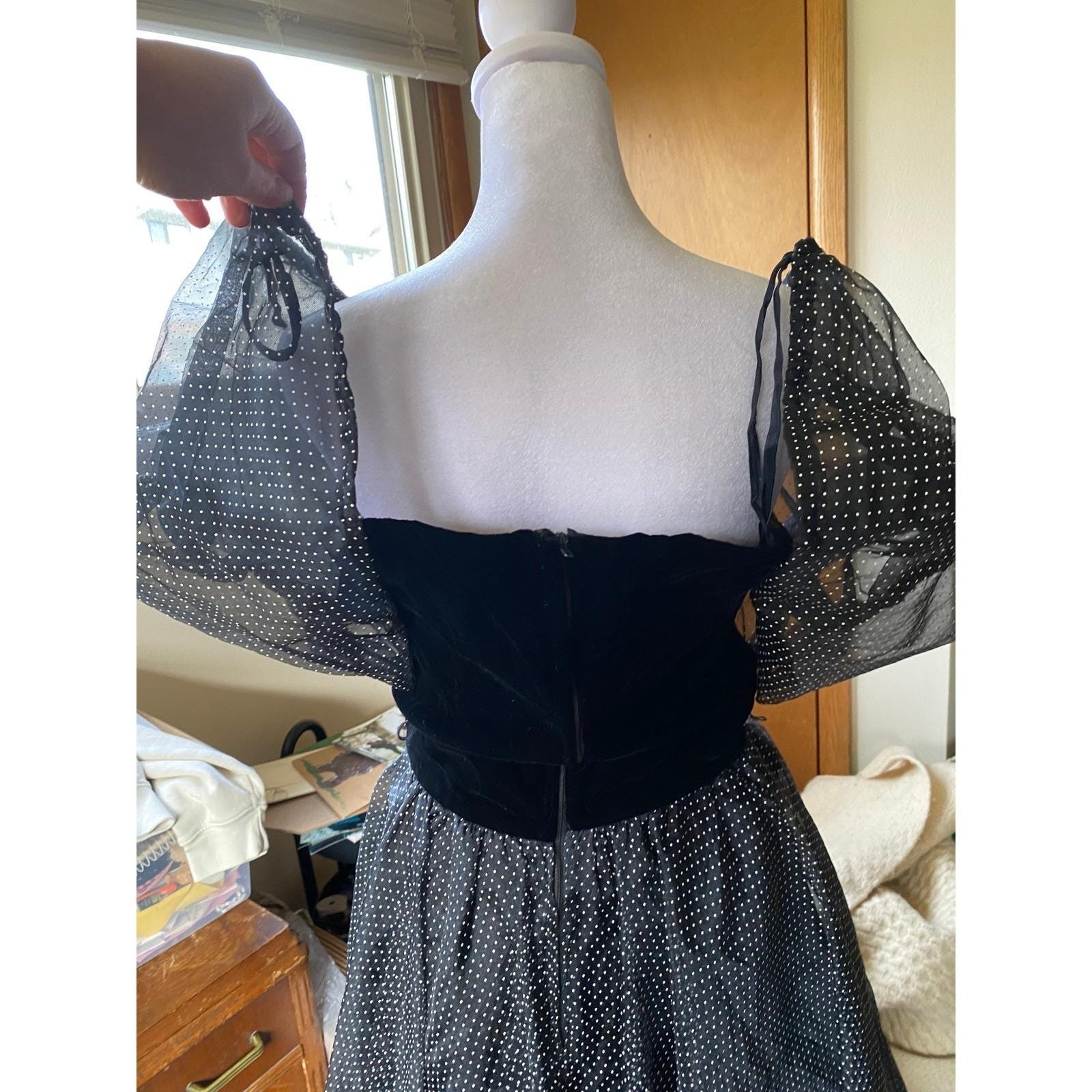 Vintage Velvet Polka Dot Organza Puff Sleeve A Line Black Midi Dress 12 Femme