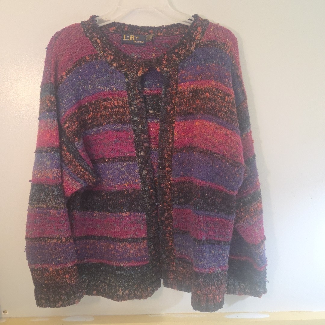 Vintage Le Roy Knitwear Women’s Large Purprle Stripe Confetti Cardigan Sweater