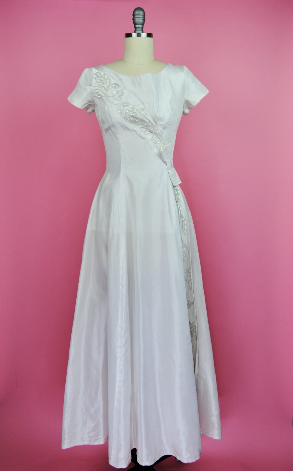 1960s Vintage Emma Domb Ivory Wedding Gown Cotillion Formal Sequin Dress XXS XS