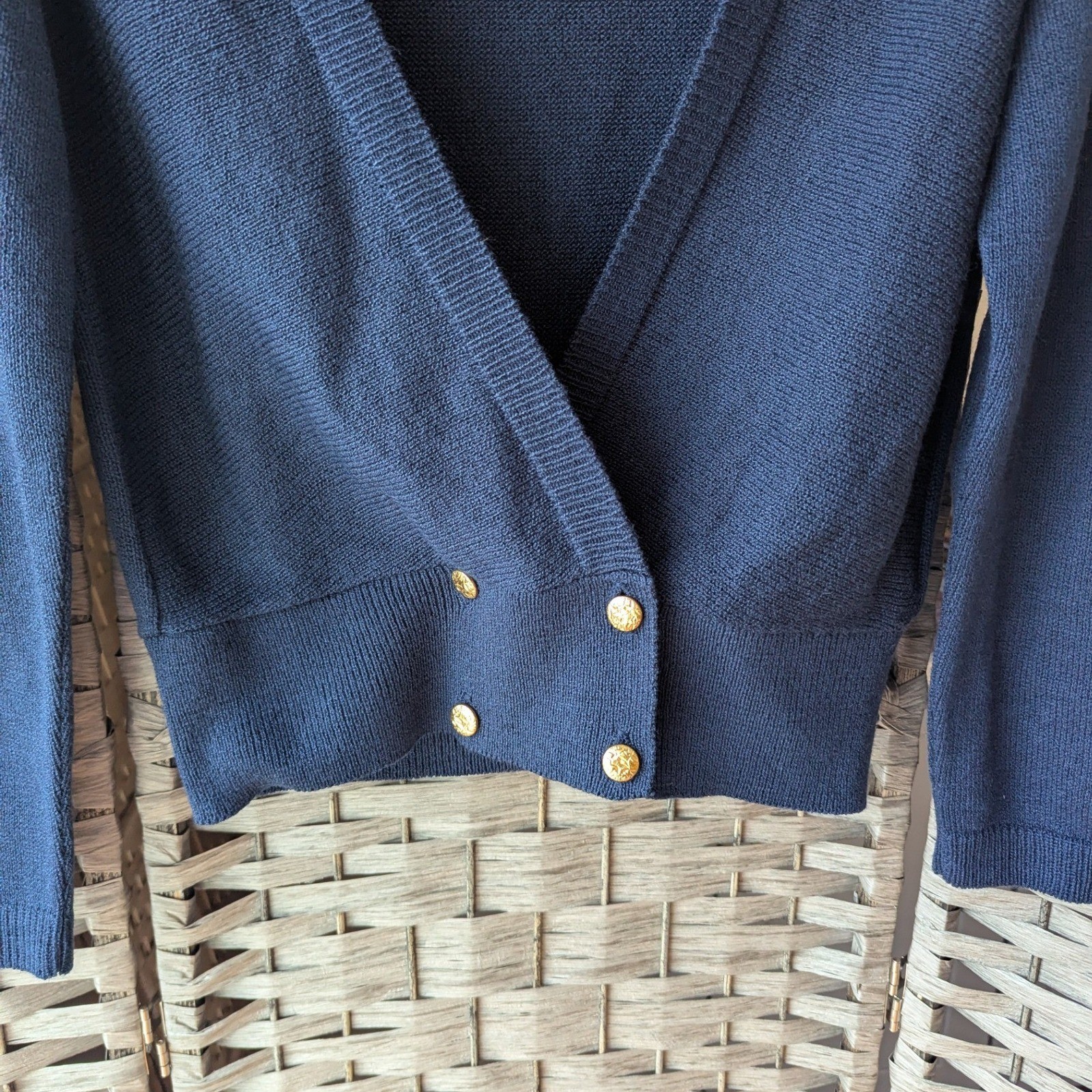 Vtg 80s Navy Blue Cropped Cardigan Gold Buttons Preppy Nautical Sweater USA 8