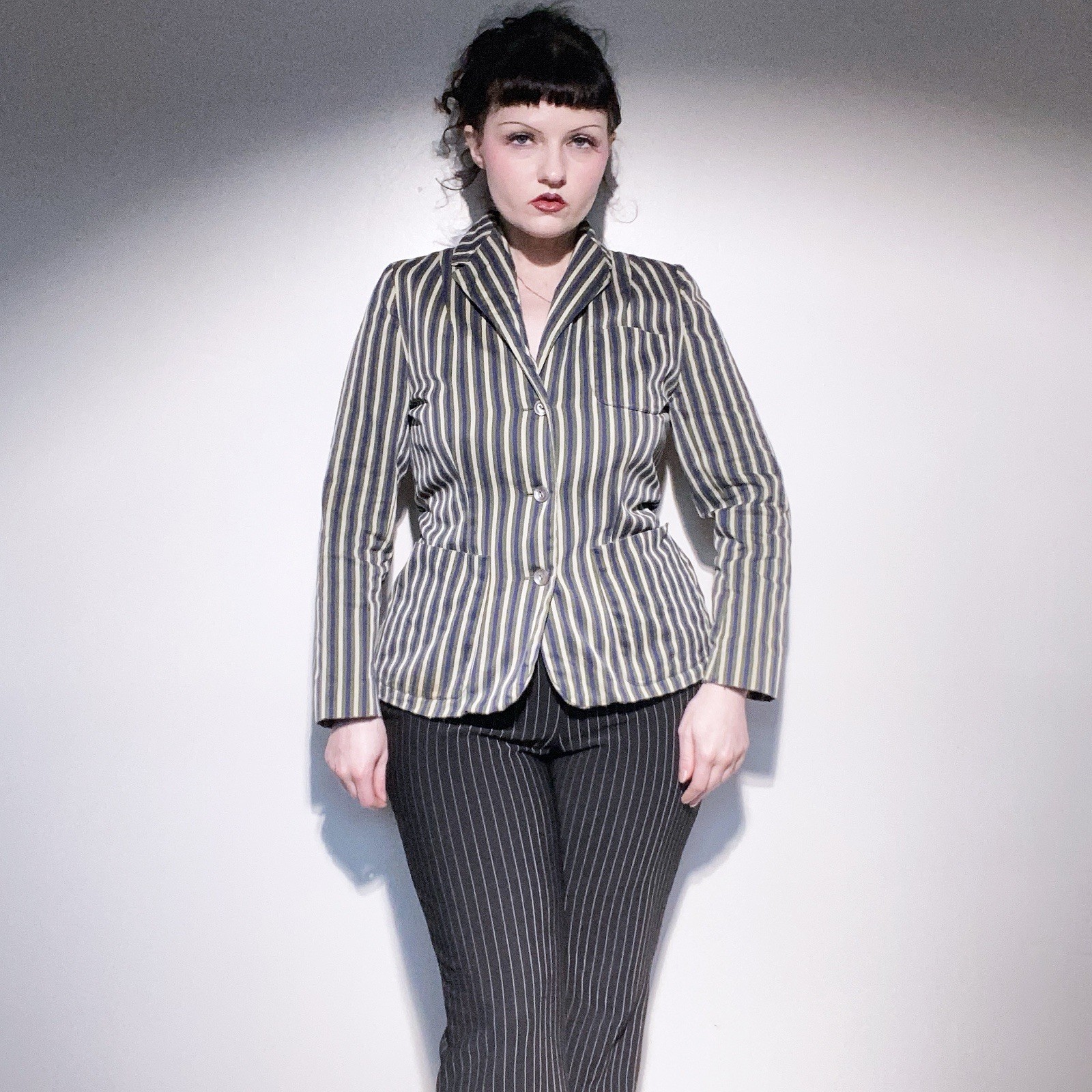 Vintage 40s Florence Walsh Green/Blue/Creme Striped Button Up Chore Blazer S