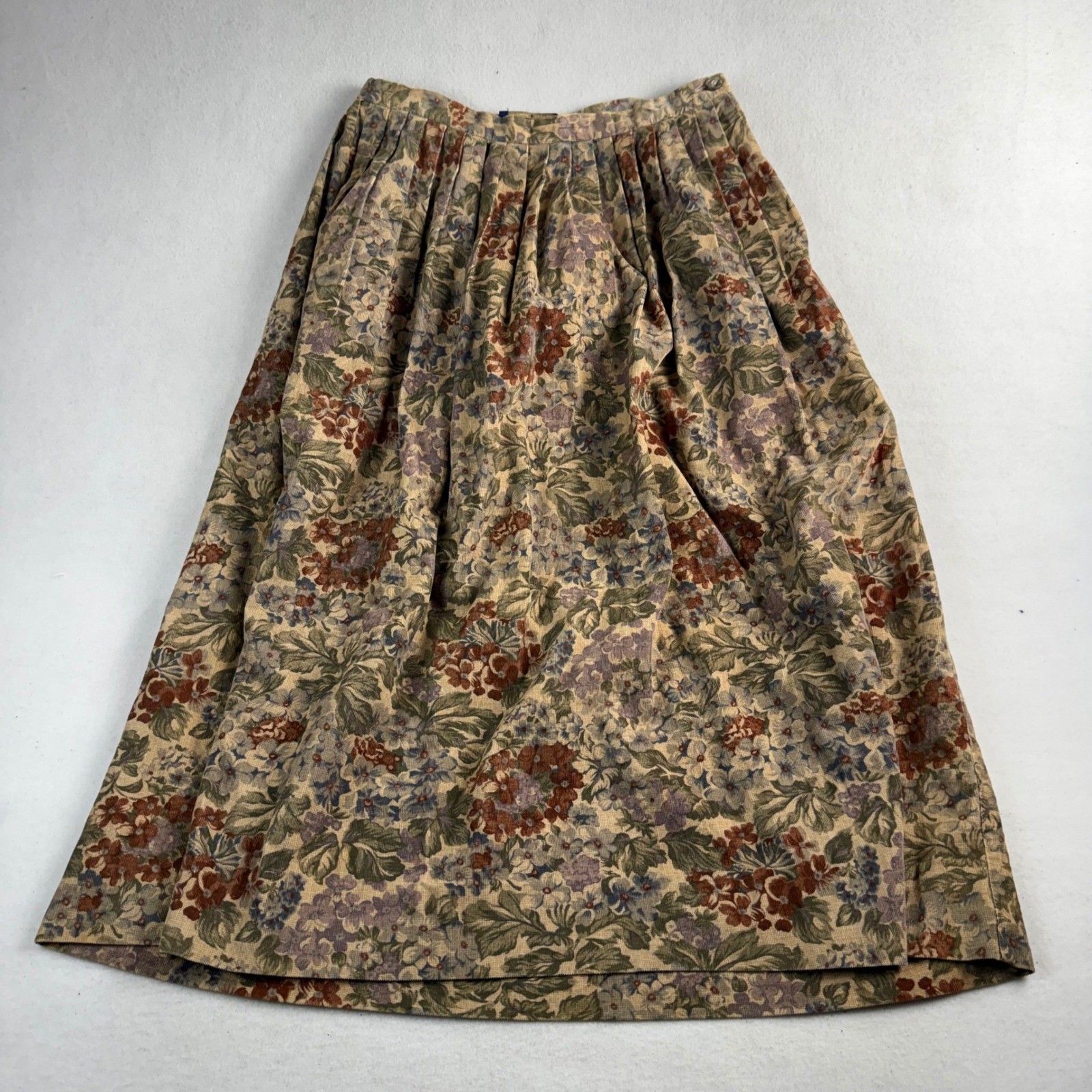 Herman Geist Vintage Floral Corduroy Midi Skirt Pleated Tan Rust Blue Size 8