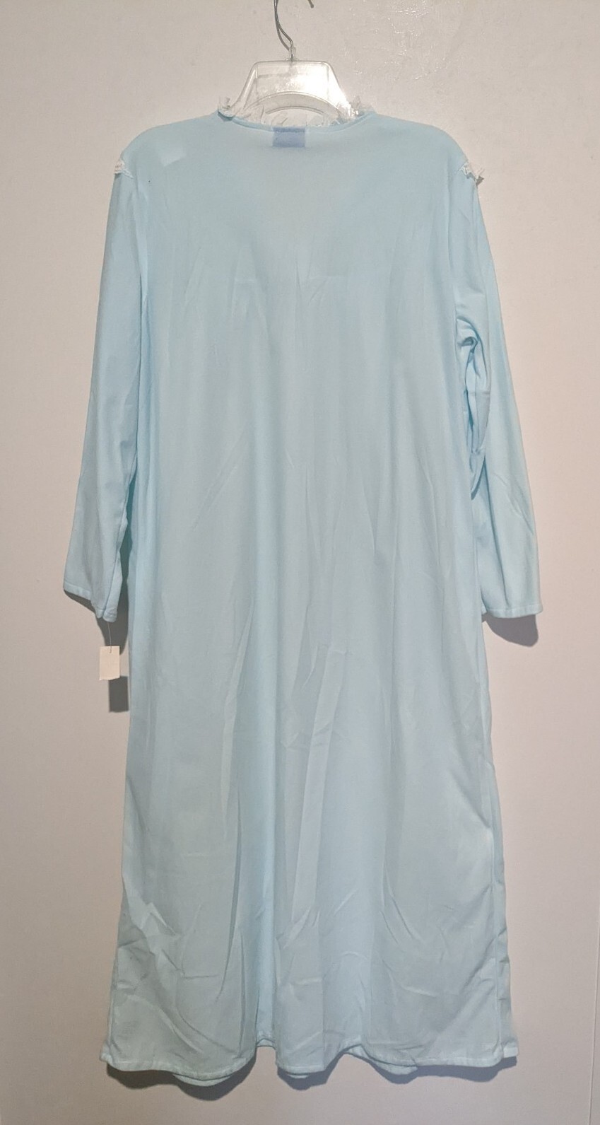 NOS Light Blue Nightgown Vintage 80s L High Neck Modest Lace Trim Full Length