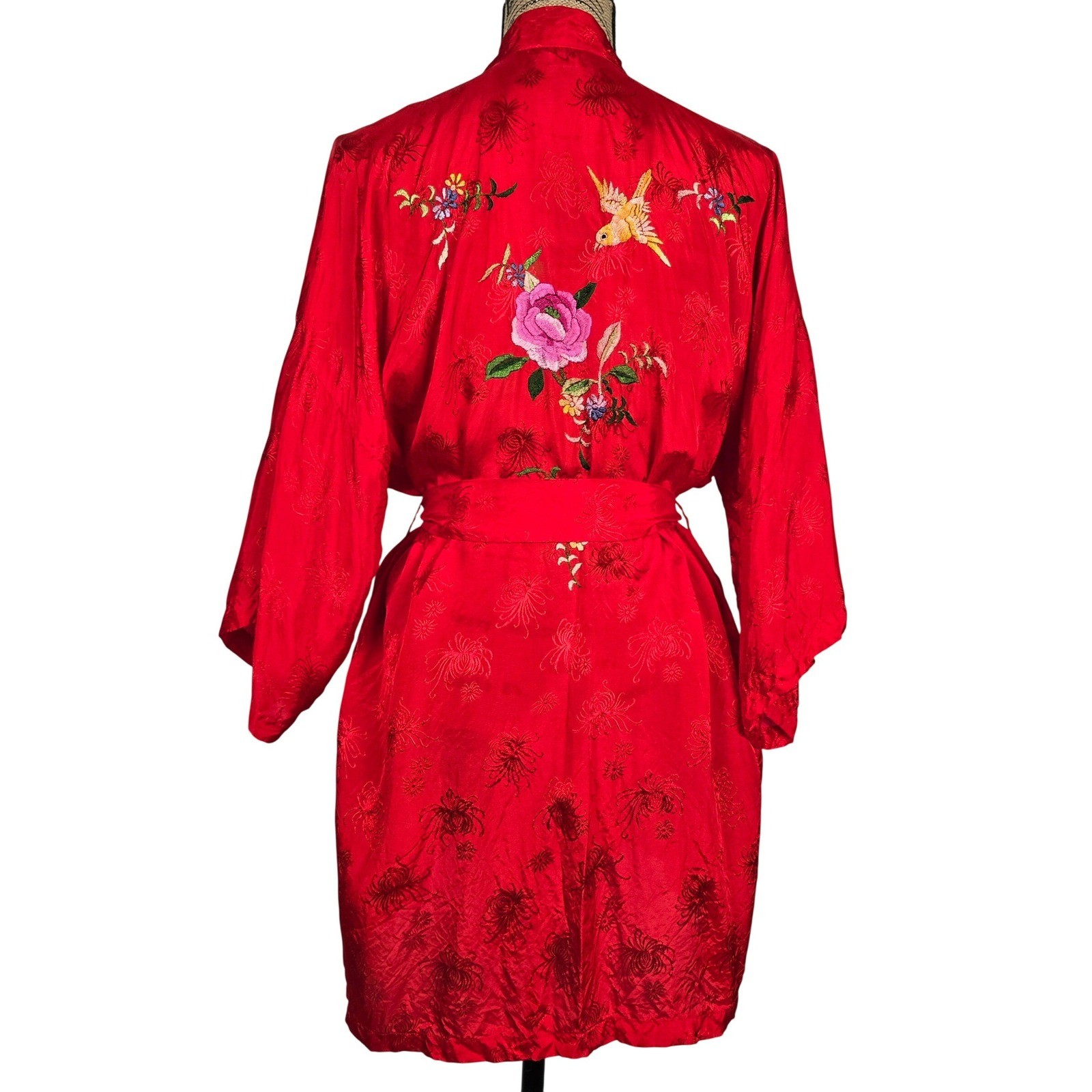 Vintage Golden Bee Red Rayon Embroidered Kimono Robe Bird Floral Belted Small