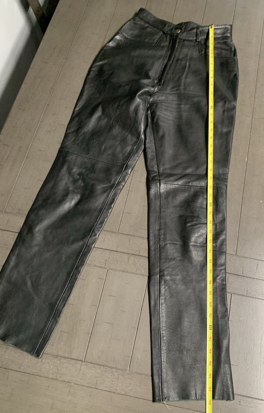B1 Y2K CANDA C&A BLACK SOFT LEATHER PANTS SZ 4 RAW HEM BOOTCUT MOTORCYCLE 24×31”