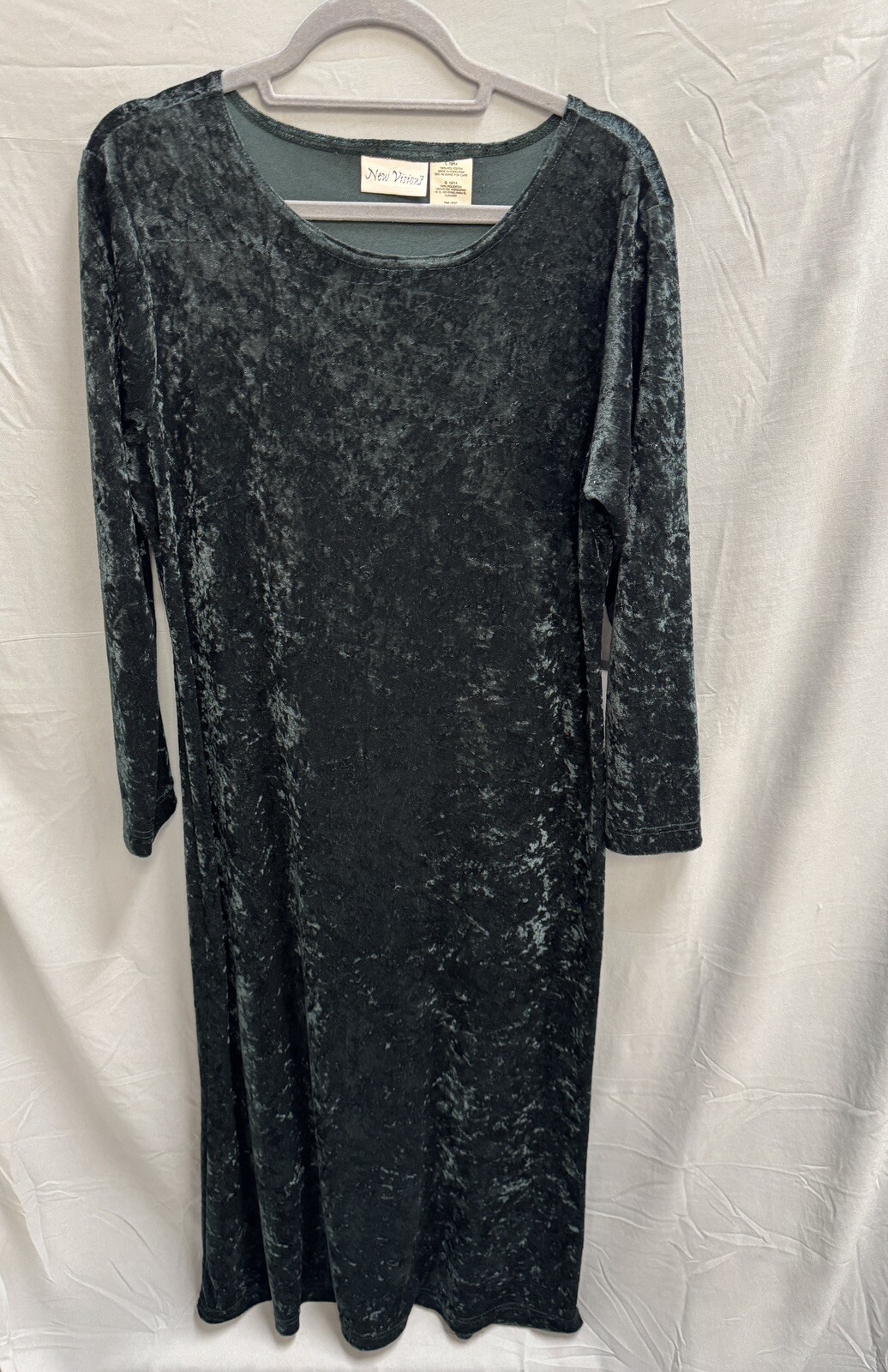 Vintage New Visions Hunter Green Crushed Velvet Maxi Dress Long Sleeve L 12/14