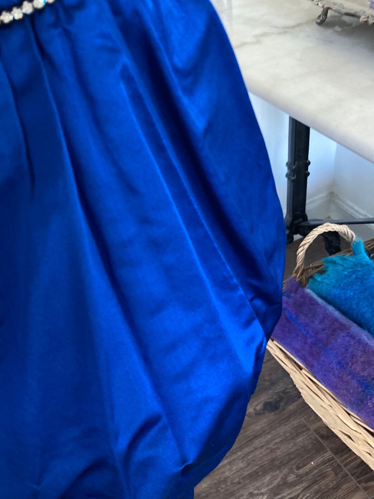 Vintage CACHE Peacock Blue Silk Bubble COCKTAIL Dress Rhinestones Strapless 36
