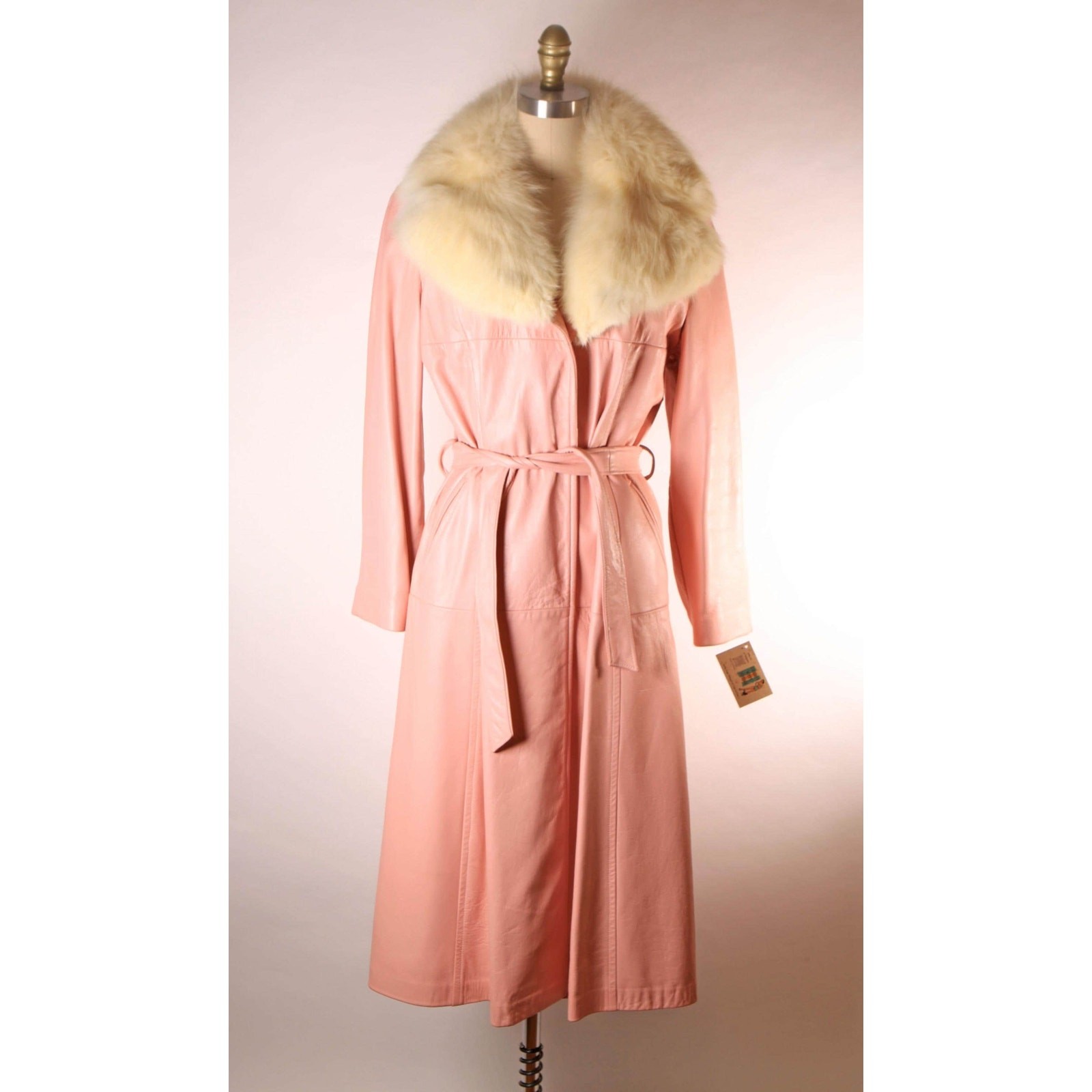 1970s Pink Leather Cream Fox Fur Trench Coat by New England Sportswear Company