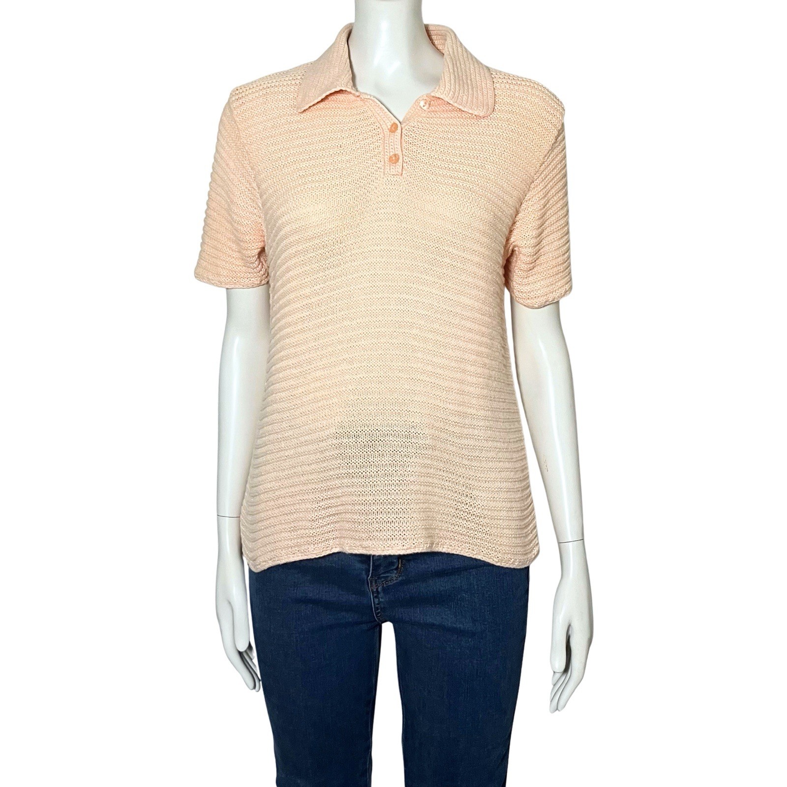 Vintage 80s Liz Claiborne Peach Linen Cotton Blend Knit Polo. S/M. Preppy Retro