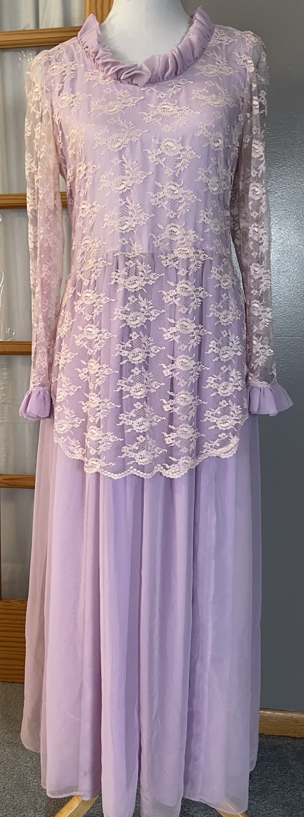 Vtg 70s Handmade Victorian Maxi Dress Sz L Lavender Floral Lace Overlay Prairie