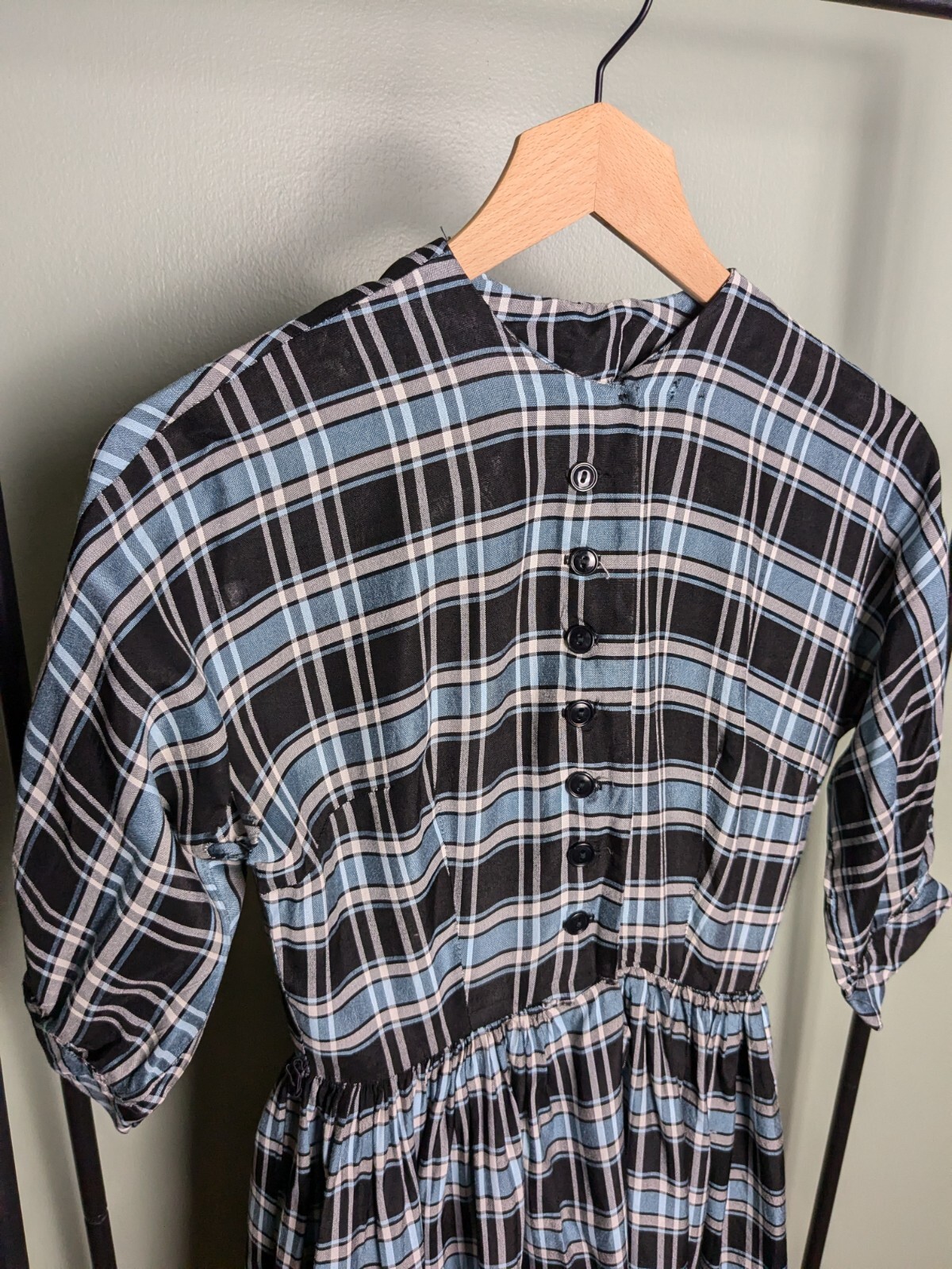 As Is Damaged 1950s/1960s Vintage Shirt Dress Light Blue Plaid 3/4 Sleeve