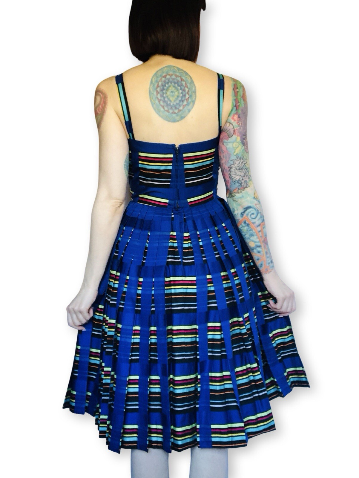Vintage 1950s 50s Rainbow Striped Blue Cotton Pleated Dress Sundress Small