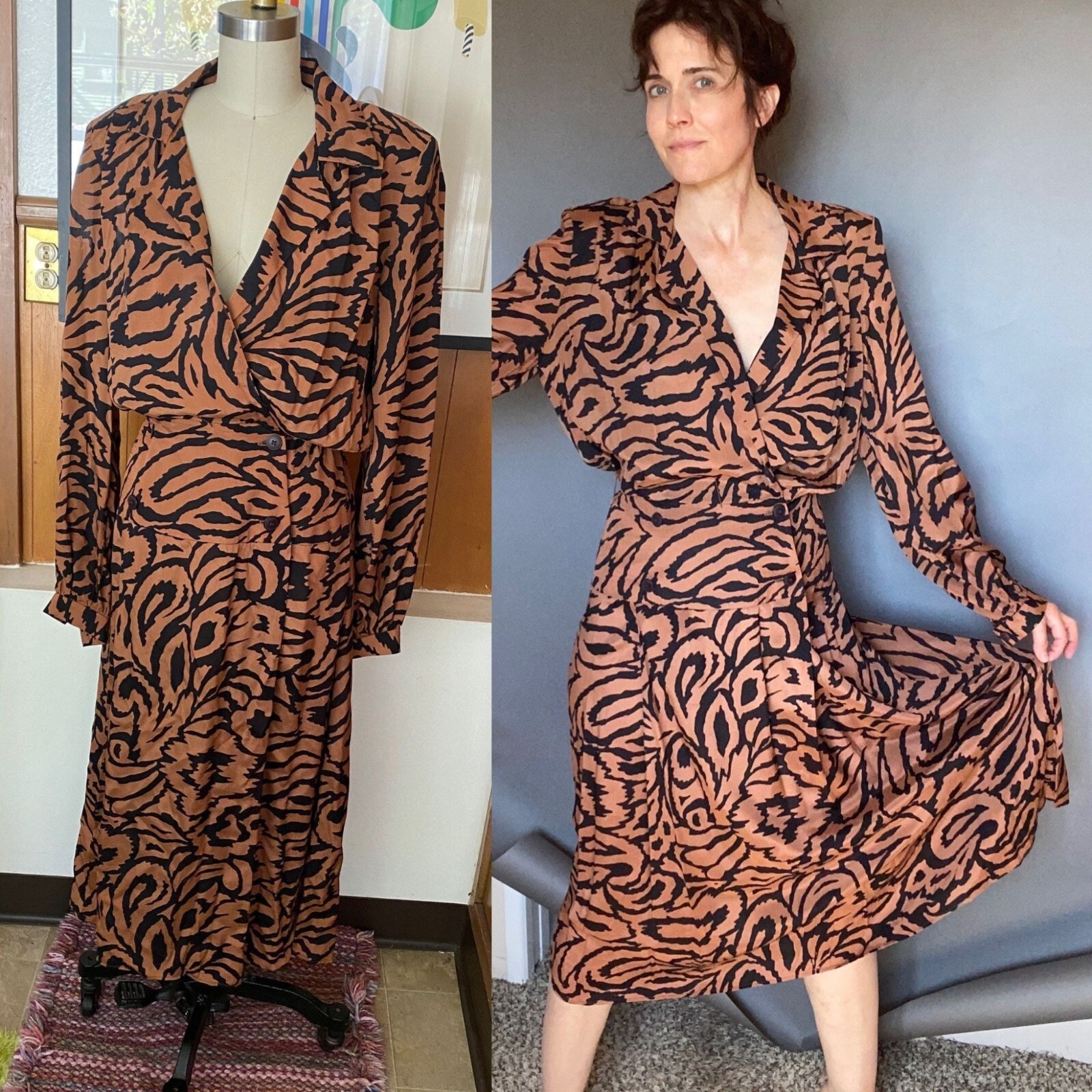 VTG Rayon Warren Z Dress Sz 6 8 M animal print cheetah 80’s puff sleeve low v