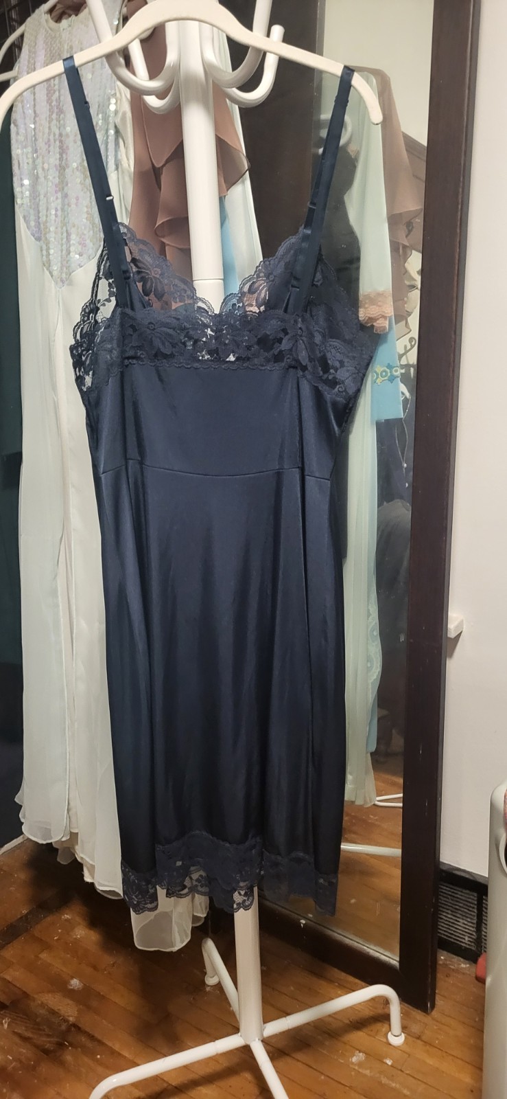Vintage Lorraine Navy Blue & Lace Trim Full Slip Lingerie Dress 36