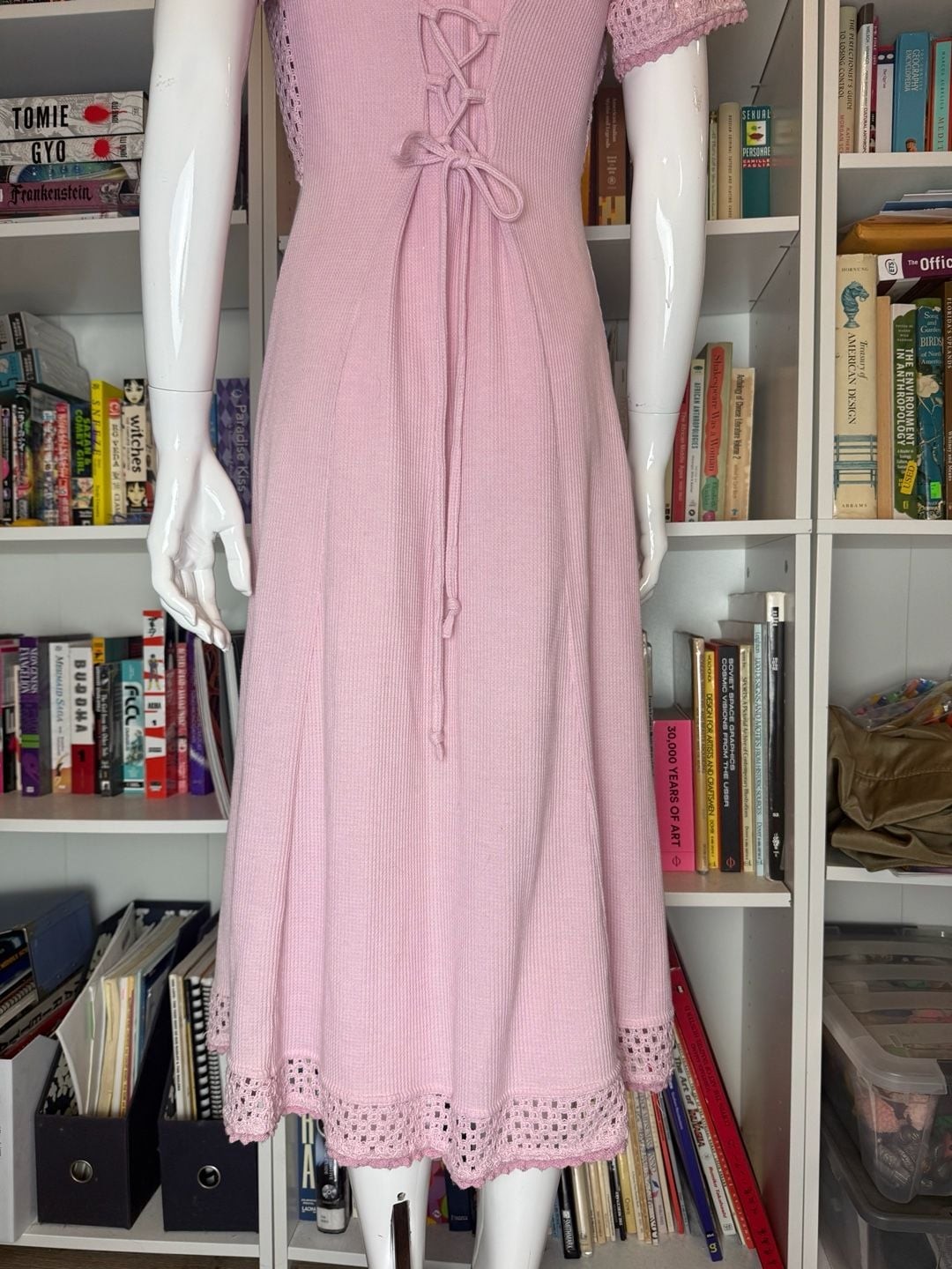 Vintage 70s 80s 90s Pink Rosette Crochet Knit Corset Dress