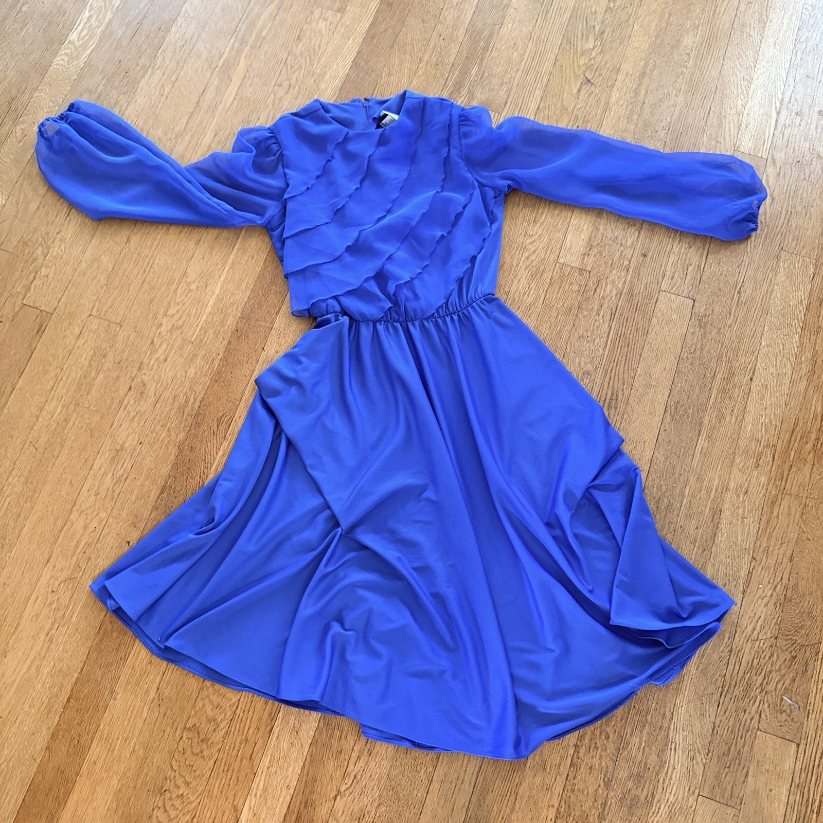 Amy-Deb Vintage 80s Blue Chiffon Ruffle Midi Dress Deadstock NWOT Sz 10