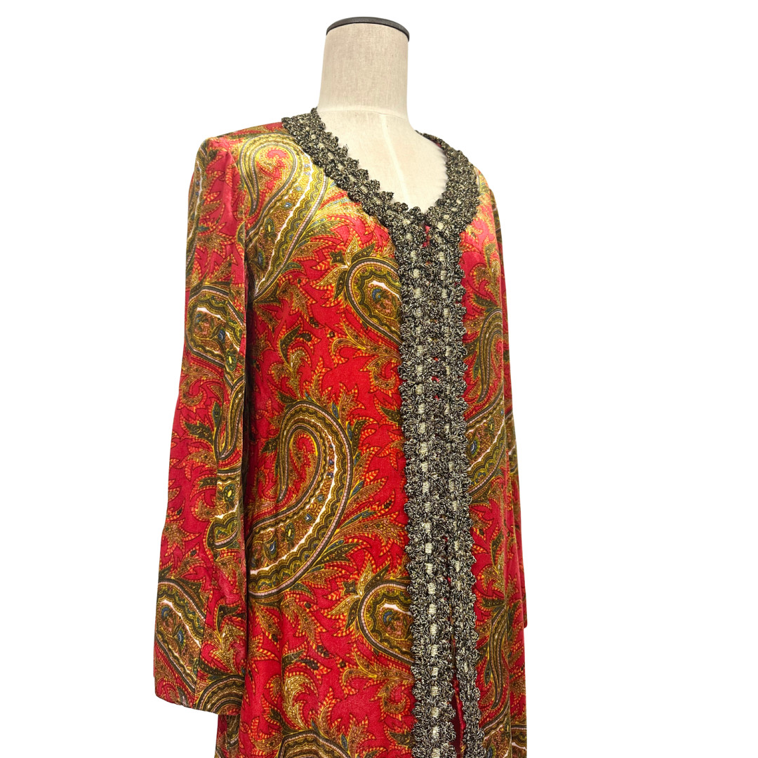 Vintage 1970s Bill Blass Red Velvet Gold Paisley Metallic Tunic Saks Fifth Ave