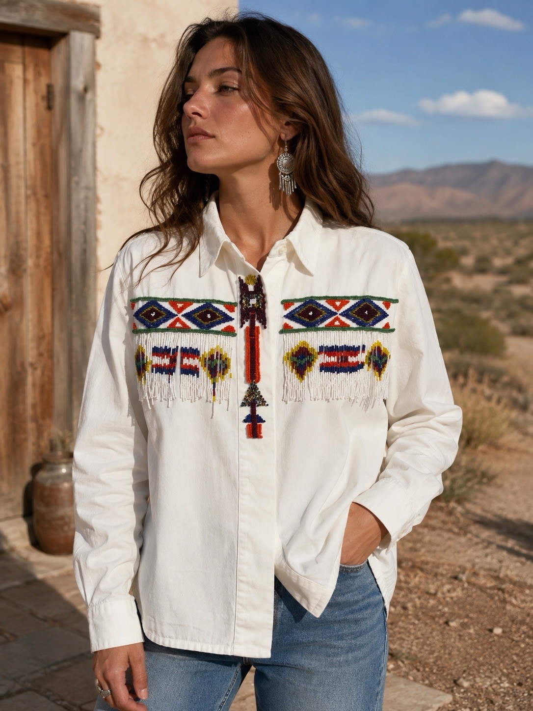 Vintage Cedars Beaded Fringe Western Shirt Women’s Size 14 White
