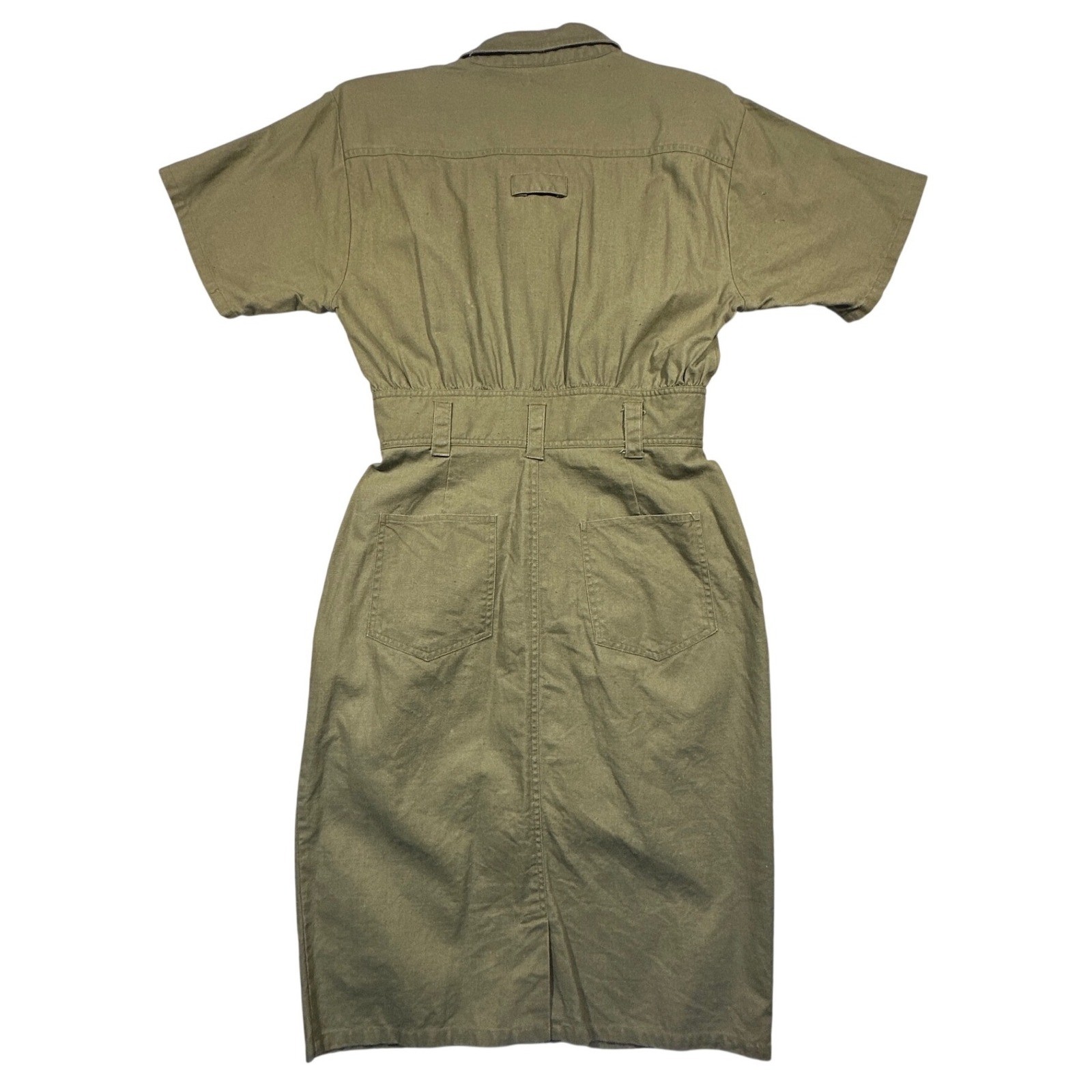 Vintage Nok Nok Dress Womens M Army Green Military Inspired Ramie Cotton Midi