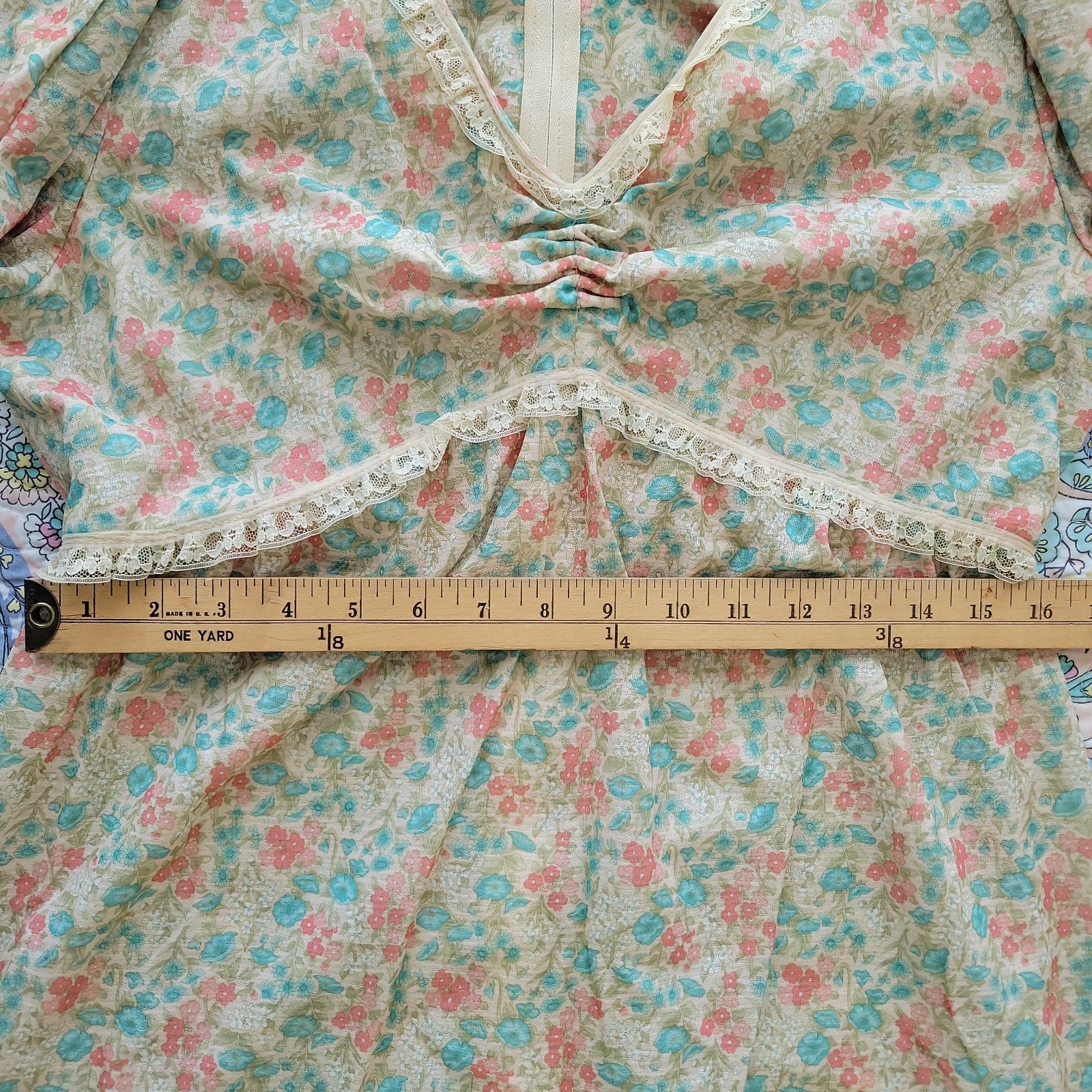 Vintage 70s Womens Maxi Dress Sz L Babydoll Hippie Ditsy Floral Lace Peasant