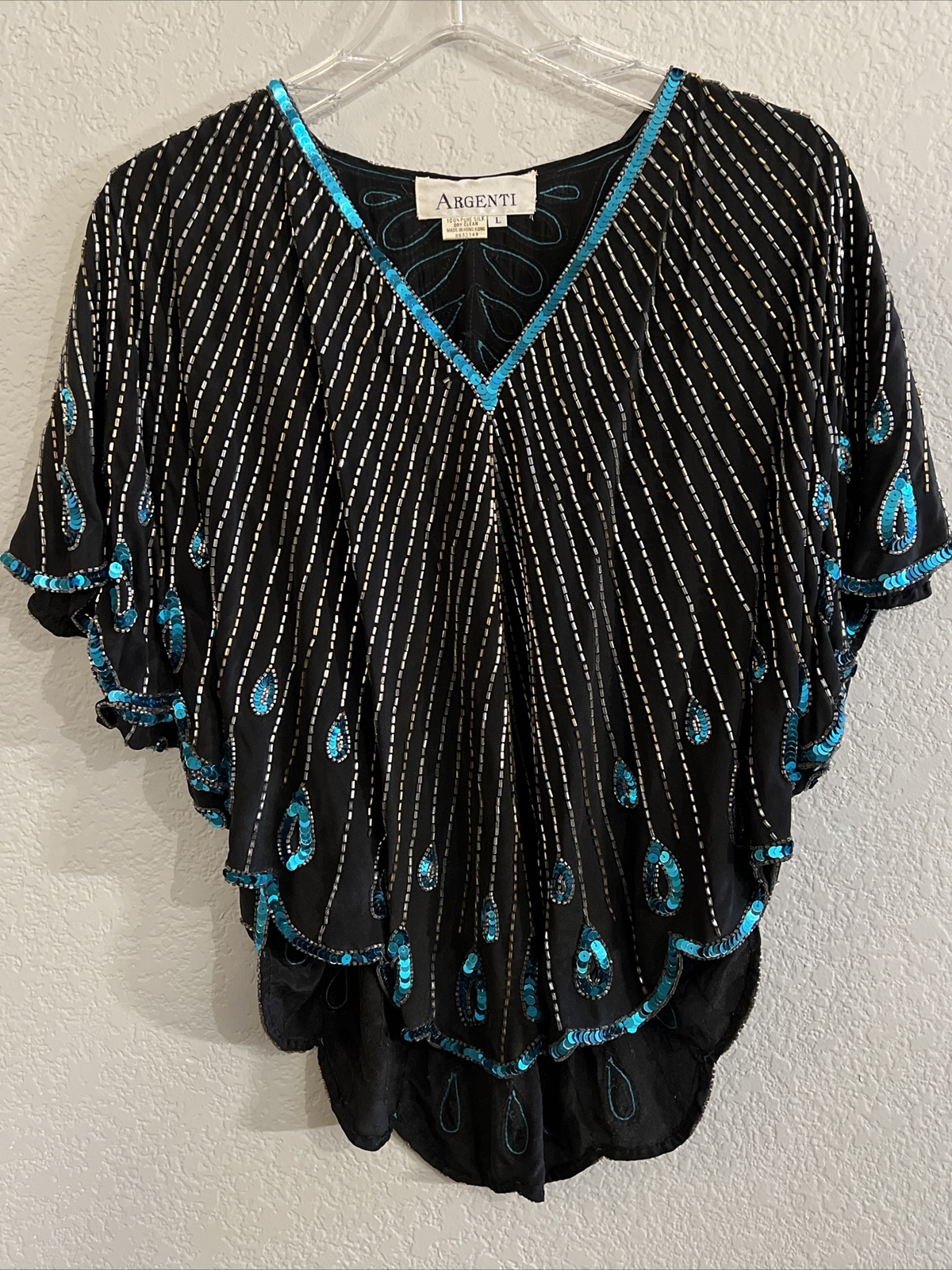 Vintage Argenti Silk Beaded Black Turquoise Sequin Scalloped Blouse Top L