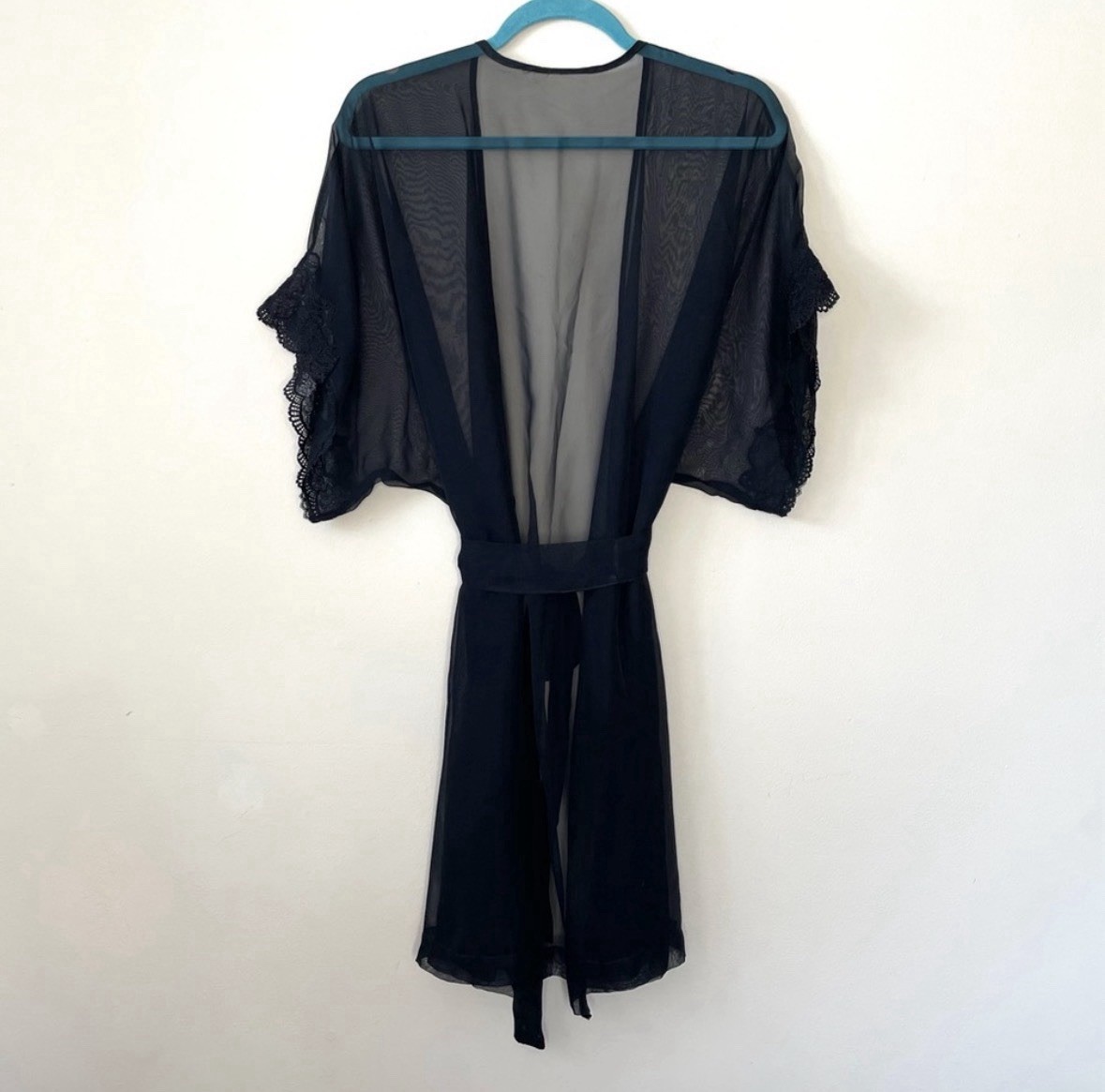 Vintage Black Silk Chiffon & Lace Lingerie Robe Size Small