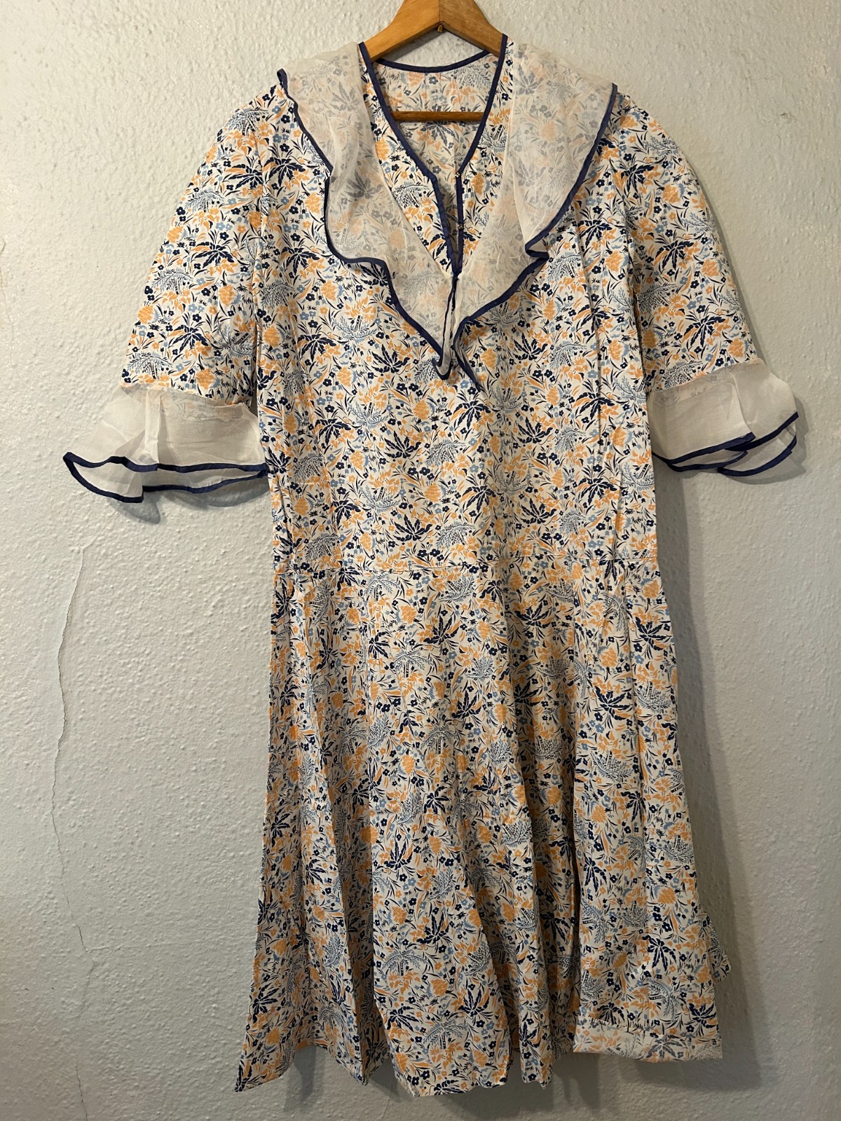 Antique 1920s Womens Sz XL Floral Print White Cotton Flapper Day Dress Volup