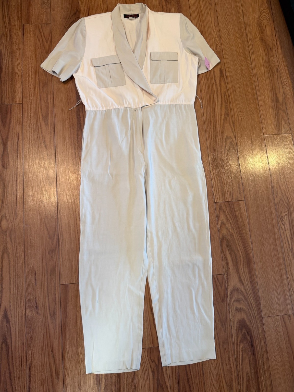 VTG 80s J.B. Wright Ltd Petites Utility Jumpsuit Beige AS-IS Missing Belt/Stain