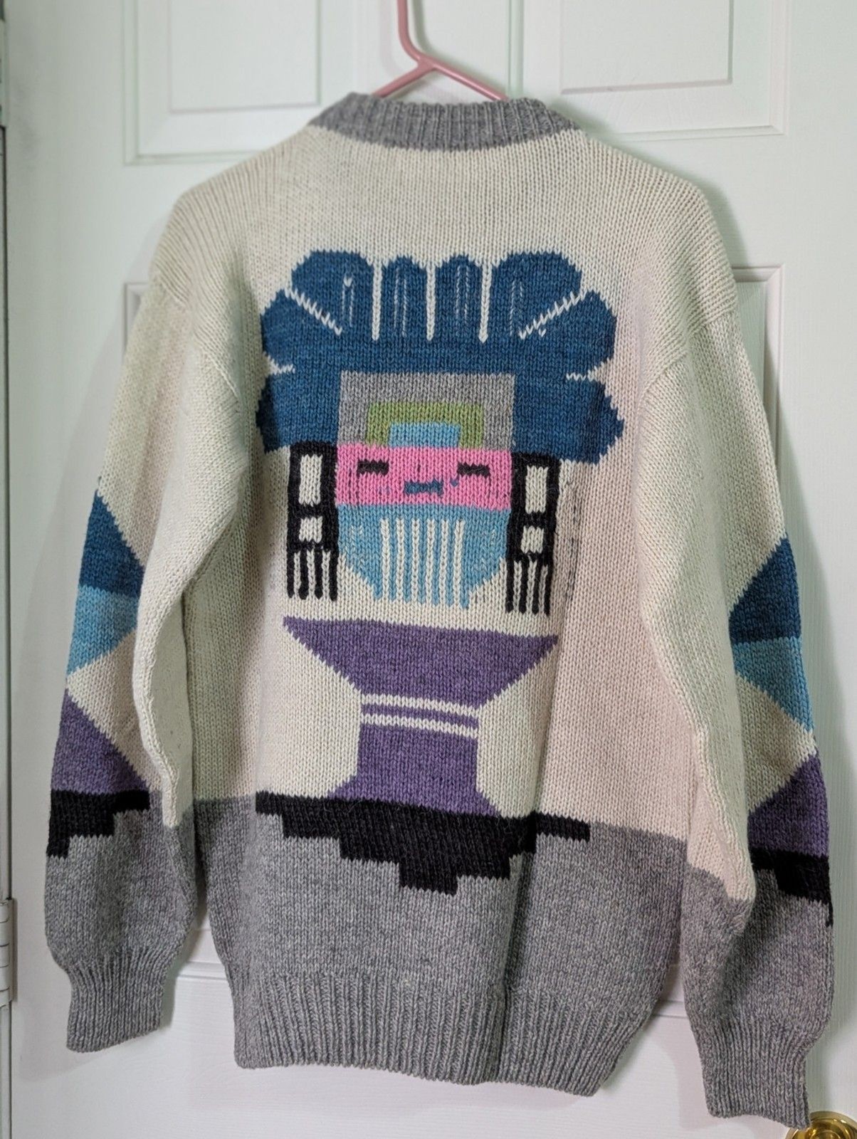 VTG Hand Knit Wool L/S Sweater Womens XL Beige Gray Southwestern Aztec Kachina