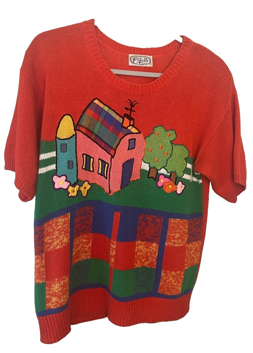 Vintage 90’s Farm Scene Appliqué/embroidery S Sl Red/ Green Etc P Galli Sweater