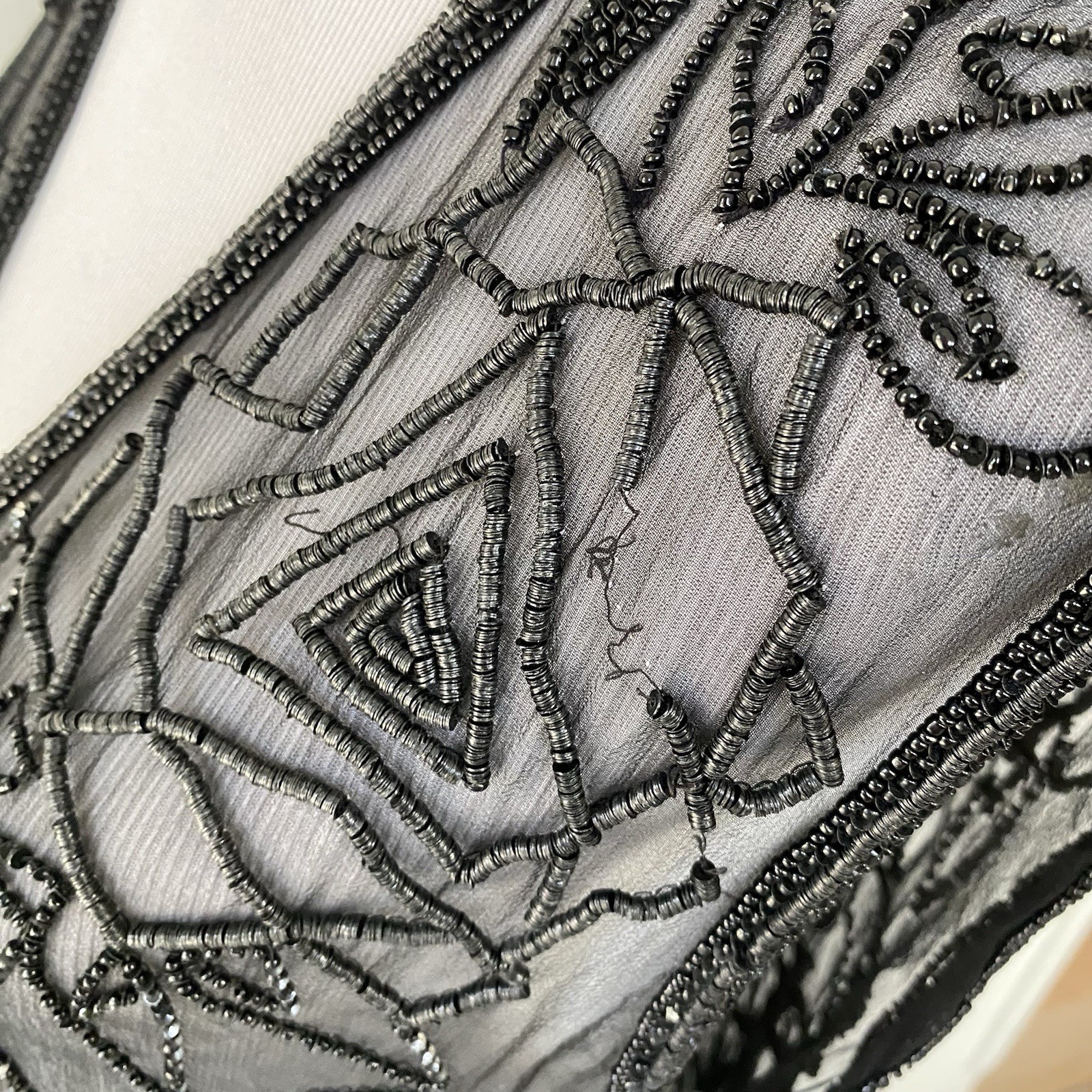 Sheer Black Beaded Duster Cardigan Whimsigoth Kimono Witchy Silk? OSFM 20″ PTP