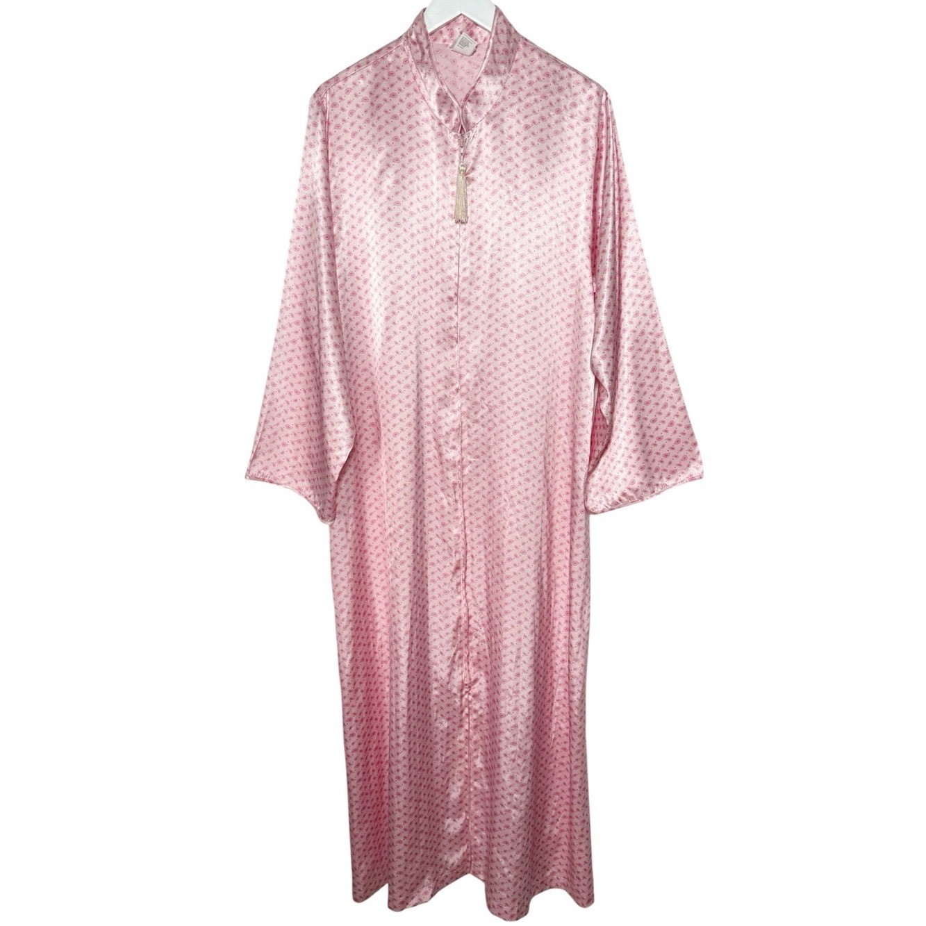 Vintage Natori Pink Satin Caftan Robe Lounge Dress Floral Tassel Size XL