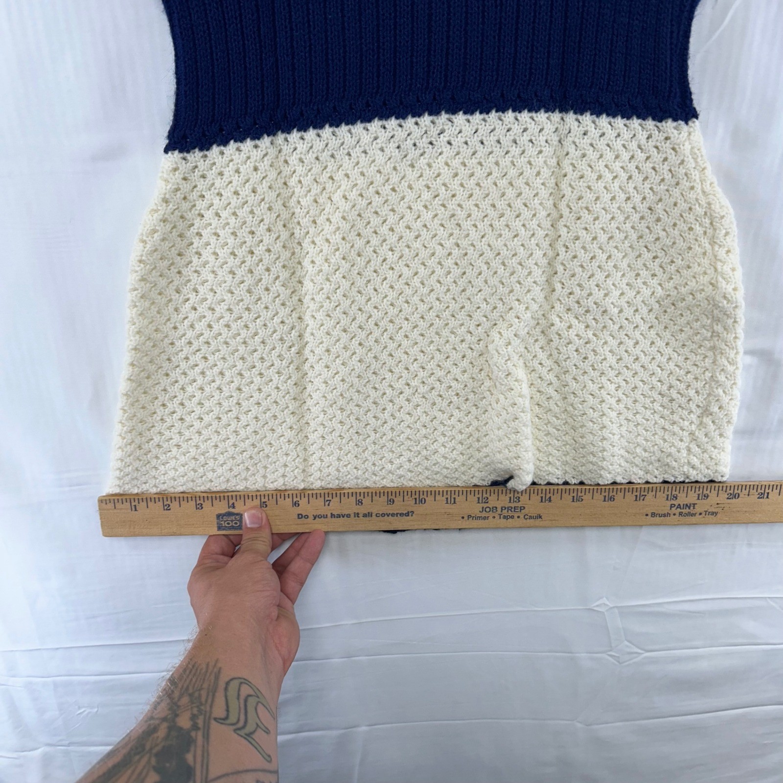 Tunic Women Small Cream Navy Blue Mod Ribbed Waist Mock Neck Zip Back Handmade