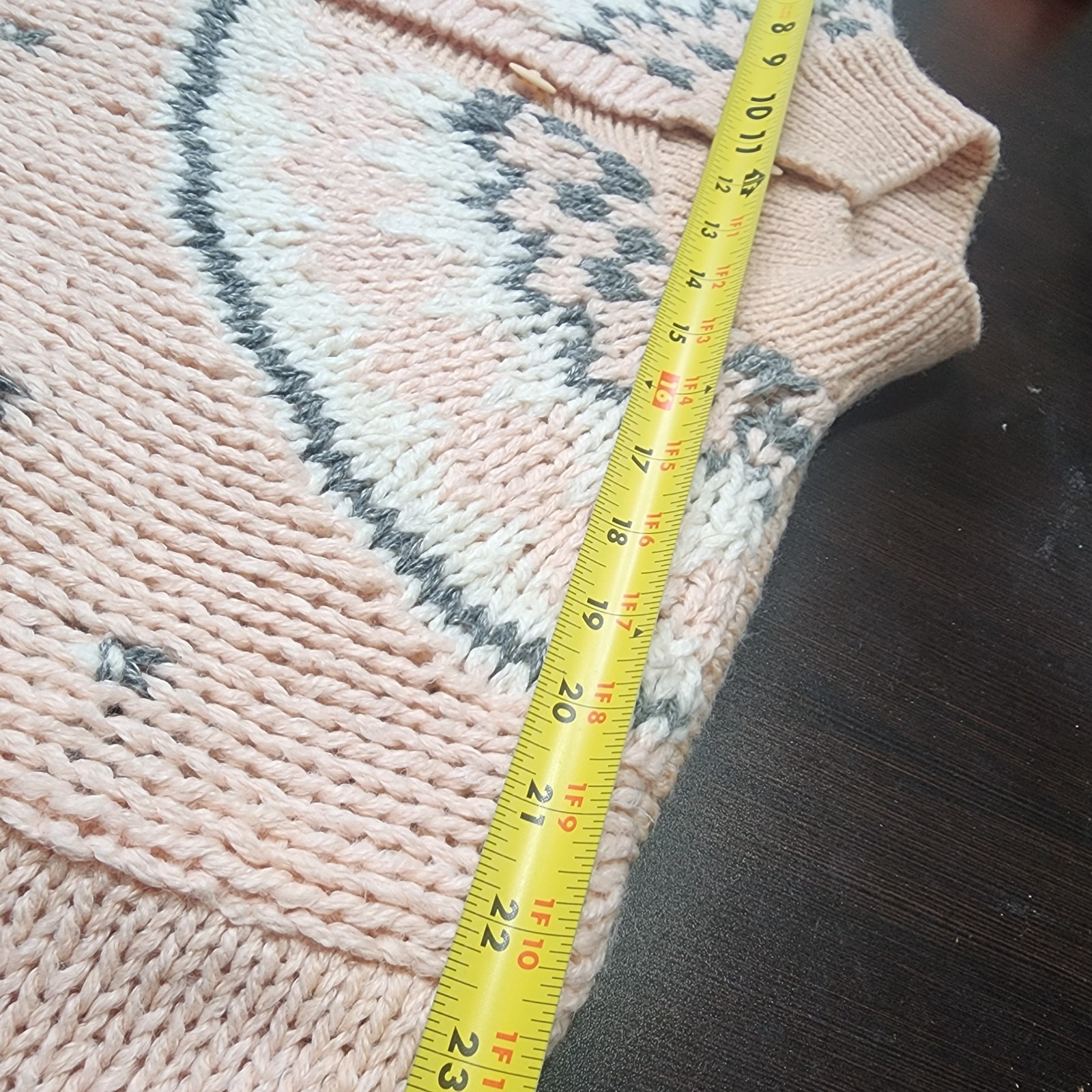 Vintage Knitted by Hand Sweater Size L Pale Pink Gray White Fair Isle Cardigan