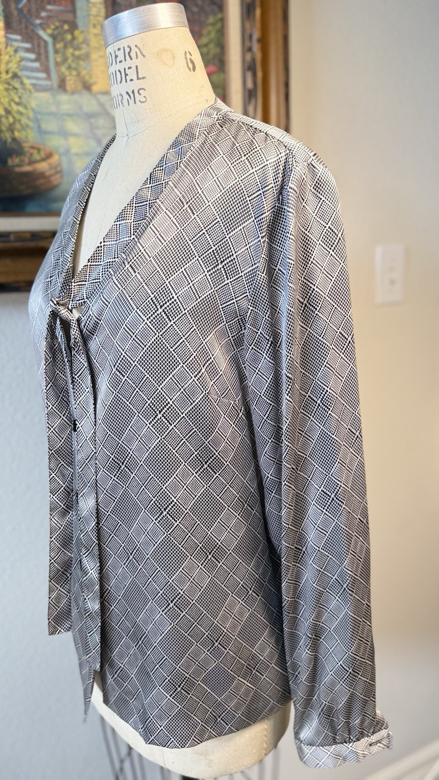 Saks Fifth Ave Folio Collection Silk Long-Sleeve Houndstooth Blouse Sz L