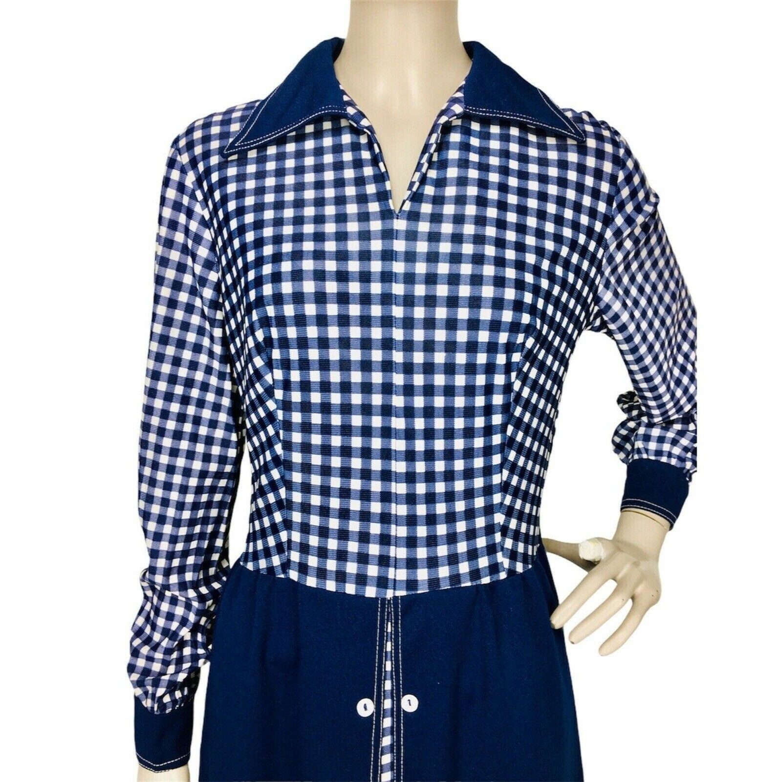 Vintage 60s MOD Academia Blue White Gingham Peekaboo A-Line Dagger Collar Dress