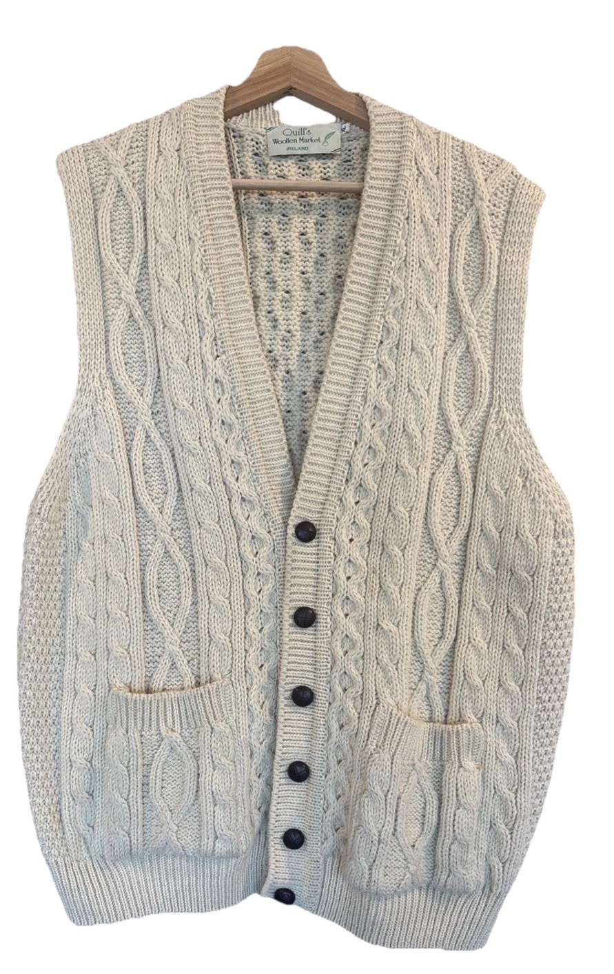 Vintage QUILL’S WOOLEN MARKET IRELAND HAND KNIT Grunge Vest Size XL Buttons