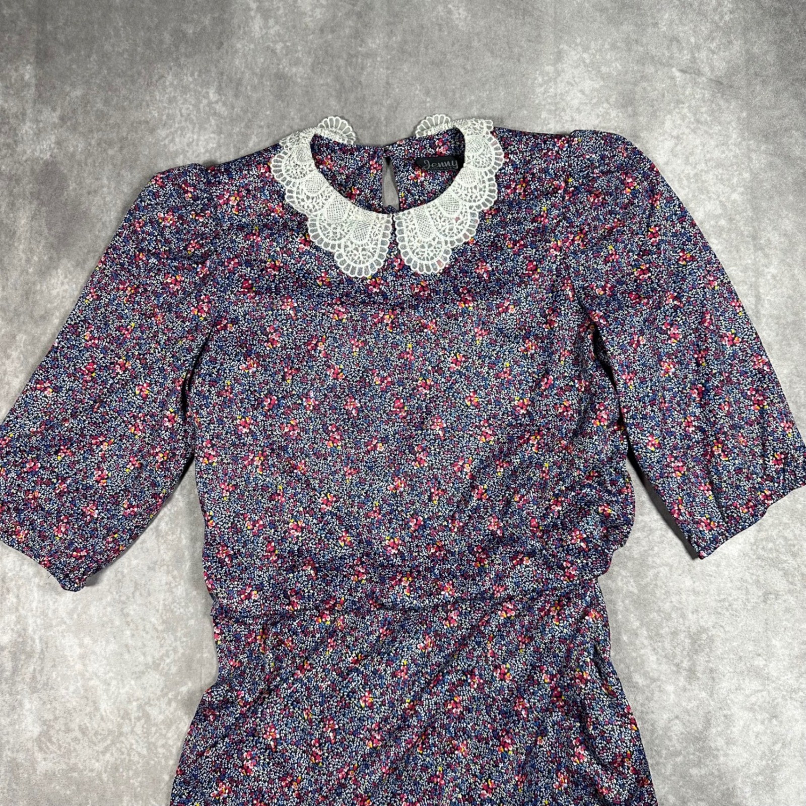 Vtg 90s Jenny Womens S Blue Pink Floral Lace Collar Midi Dress Elastic Waist USA