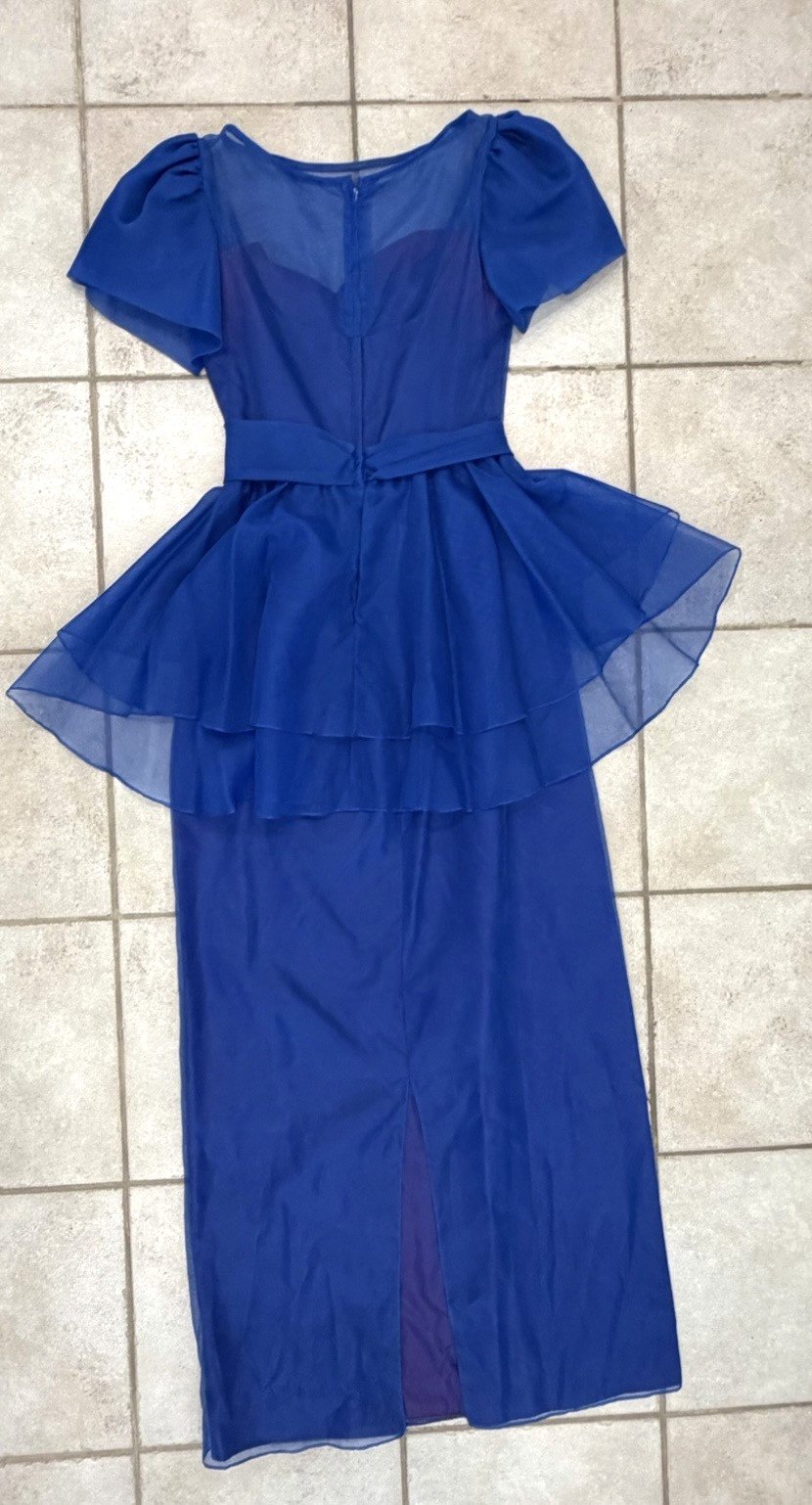 Vintage 1985 Royal Blue Rosette Short Sleeve Prom Party Dress – Sz. 11-12 – USA