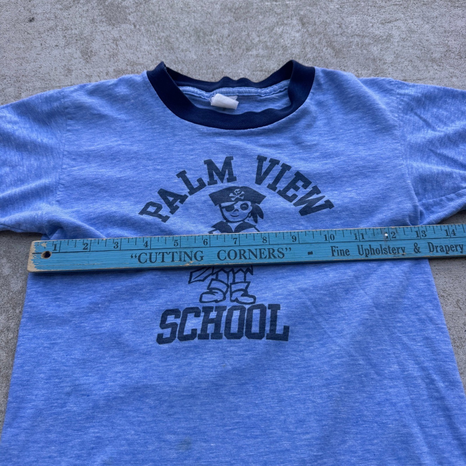 Vintage 70s Palm View School Pirate Ringer Baby T Shirt Heather Blue Navy