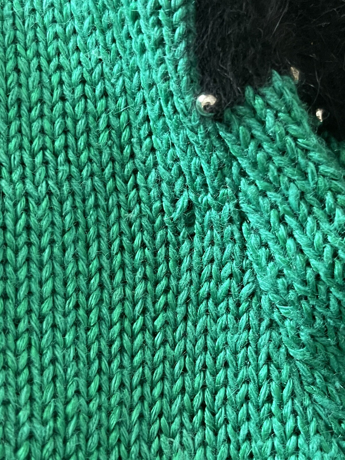 80s VTG ANGENIE Sz L Beaded Green Black Ramie Rayon Cotton Angora LS Sweater
